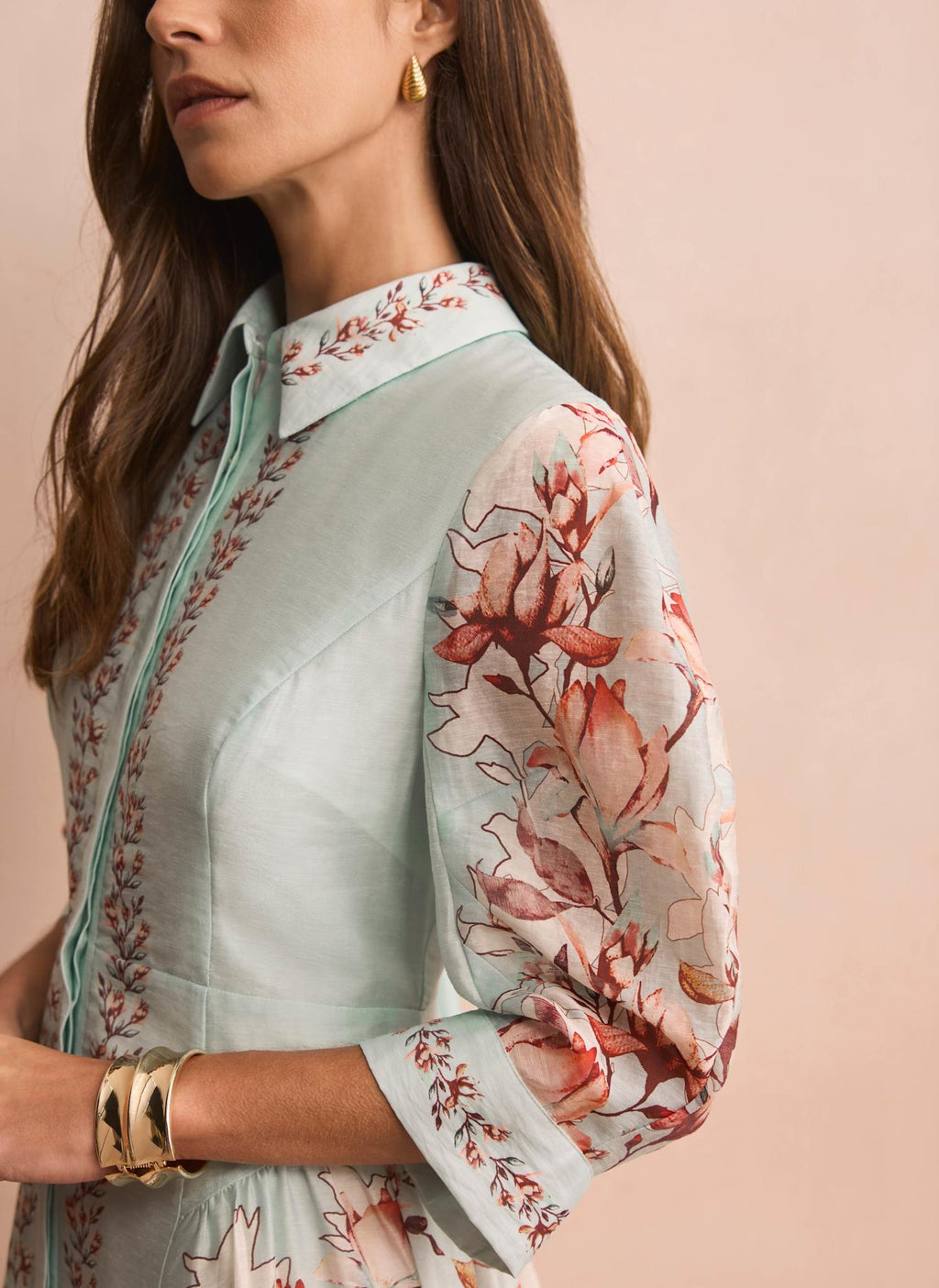 Blue Floral Print Midi Shirt Dress