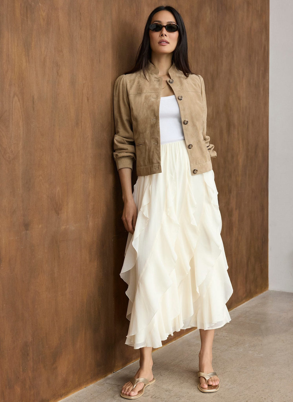Cream Ruffle Midi Skirt