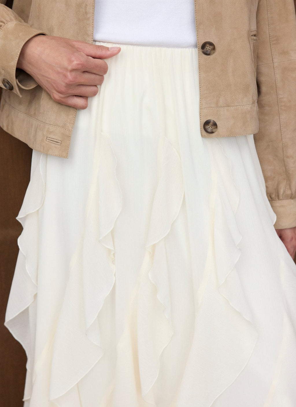 Cream Ruffle Midi Skirt