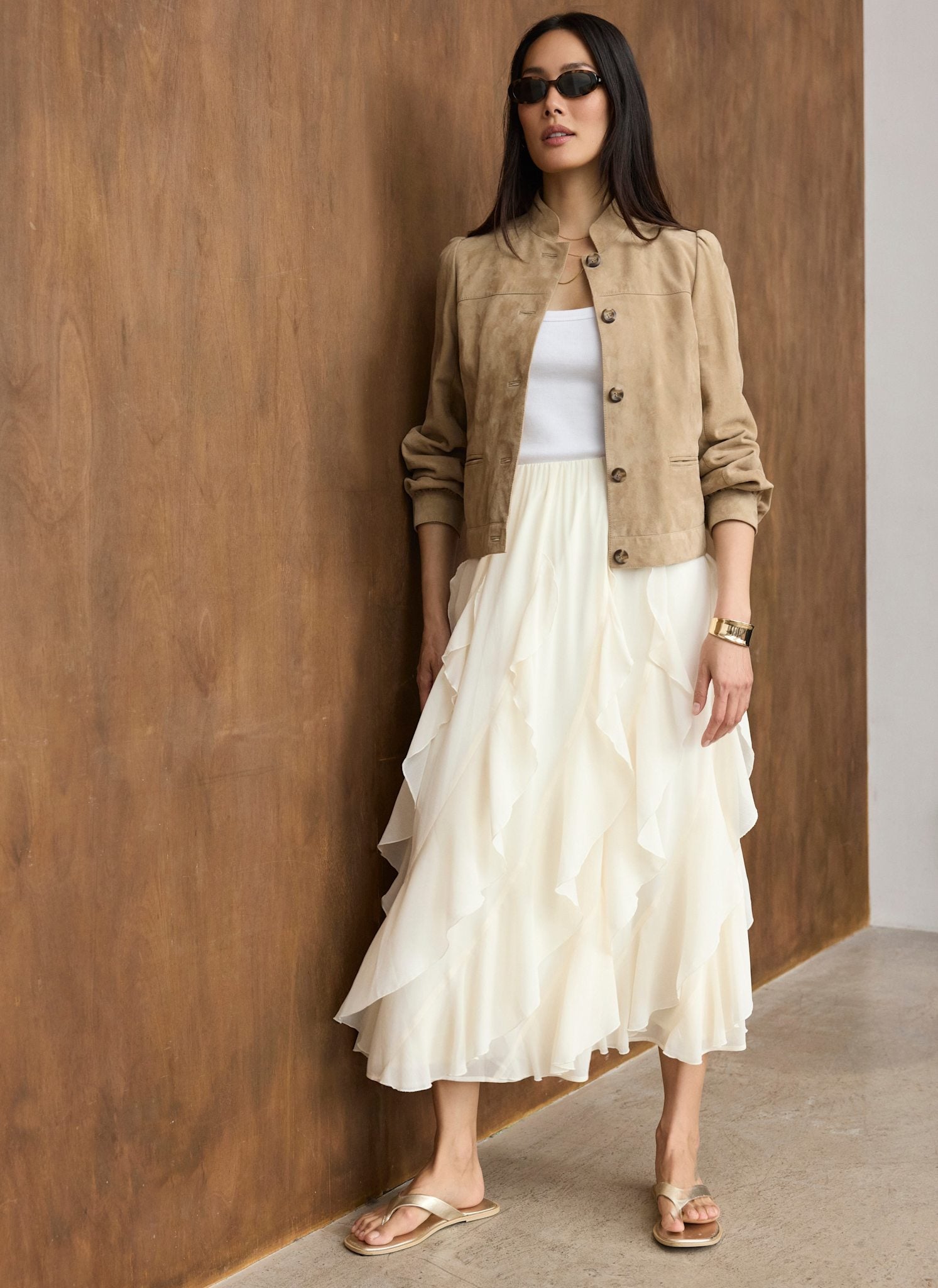 Cream Ruffle Midi Skirt