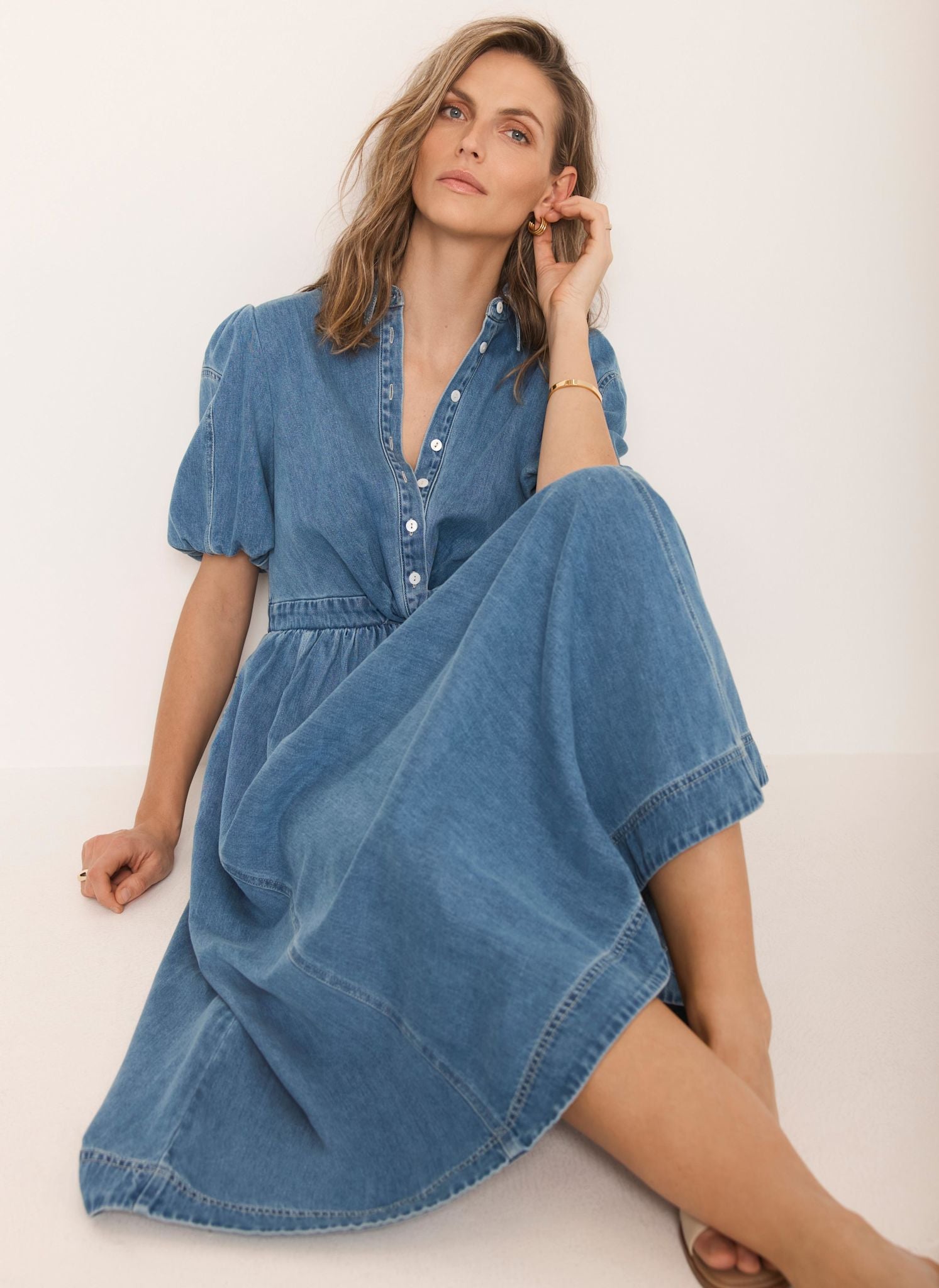 Mid Indigo Denim Twist Midi Dress