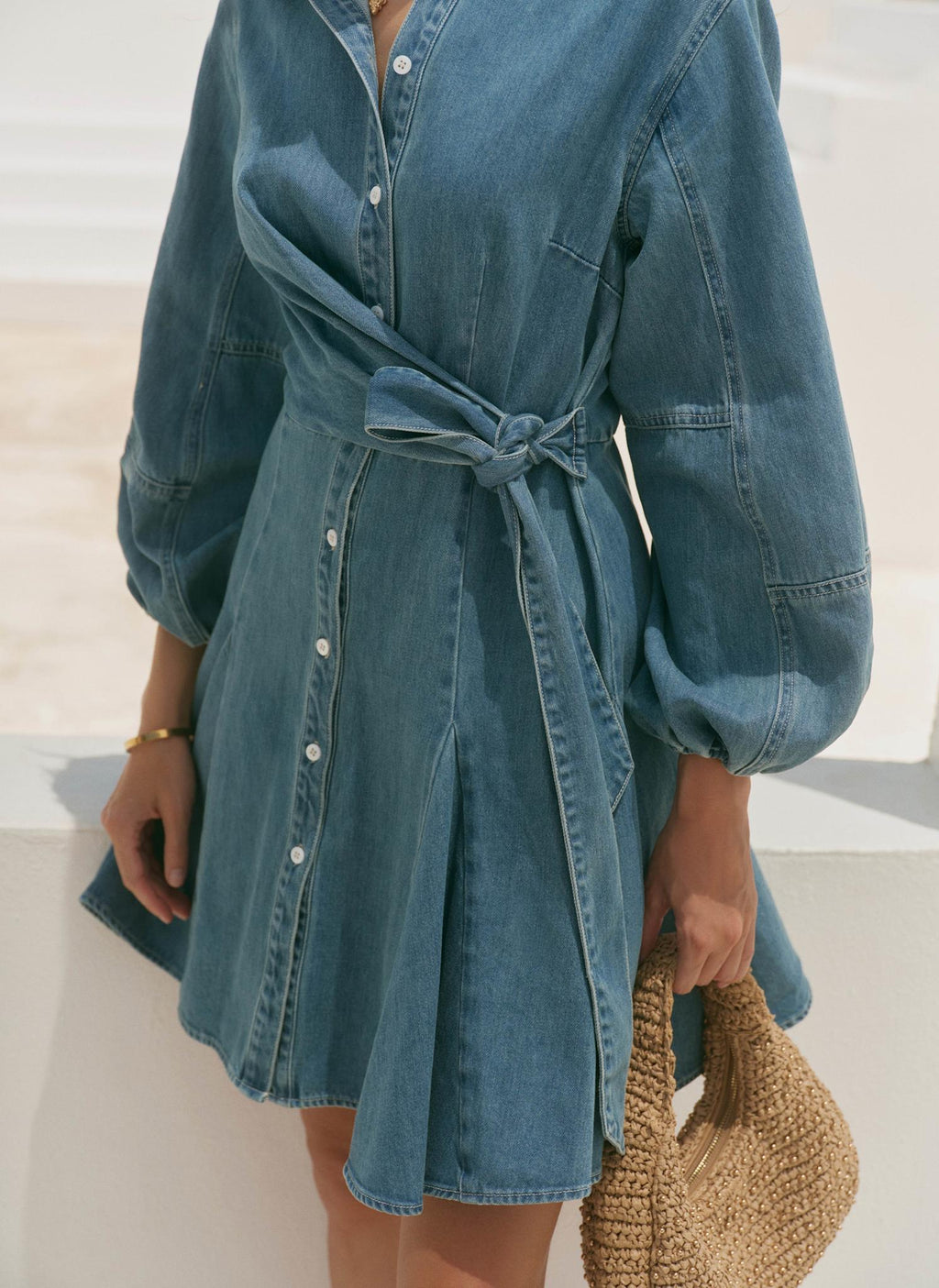 Mid Indigo Denim Long Sleeve Mini Shirt Dress