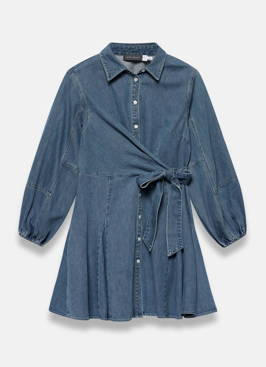 Mid Indigo Denim Long Sleeve Mini Shirt Dress