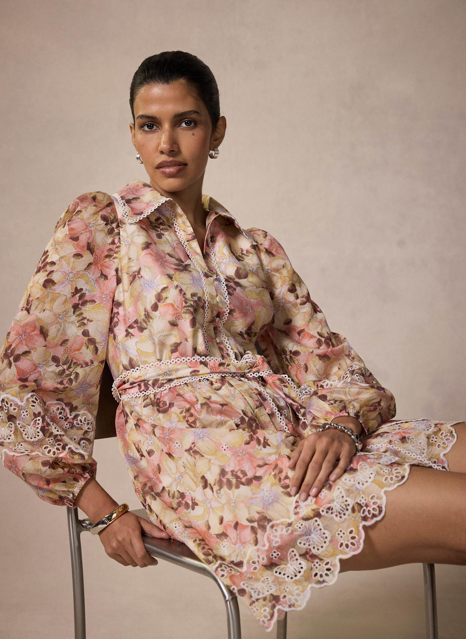 Neutral Floral Print Mini Dress