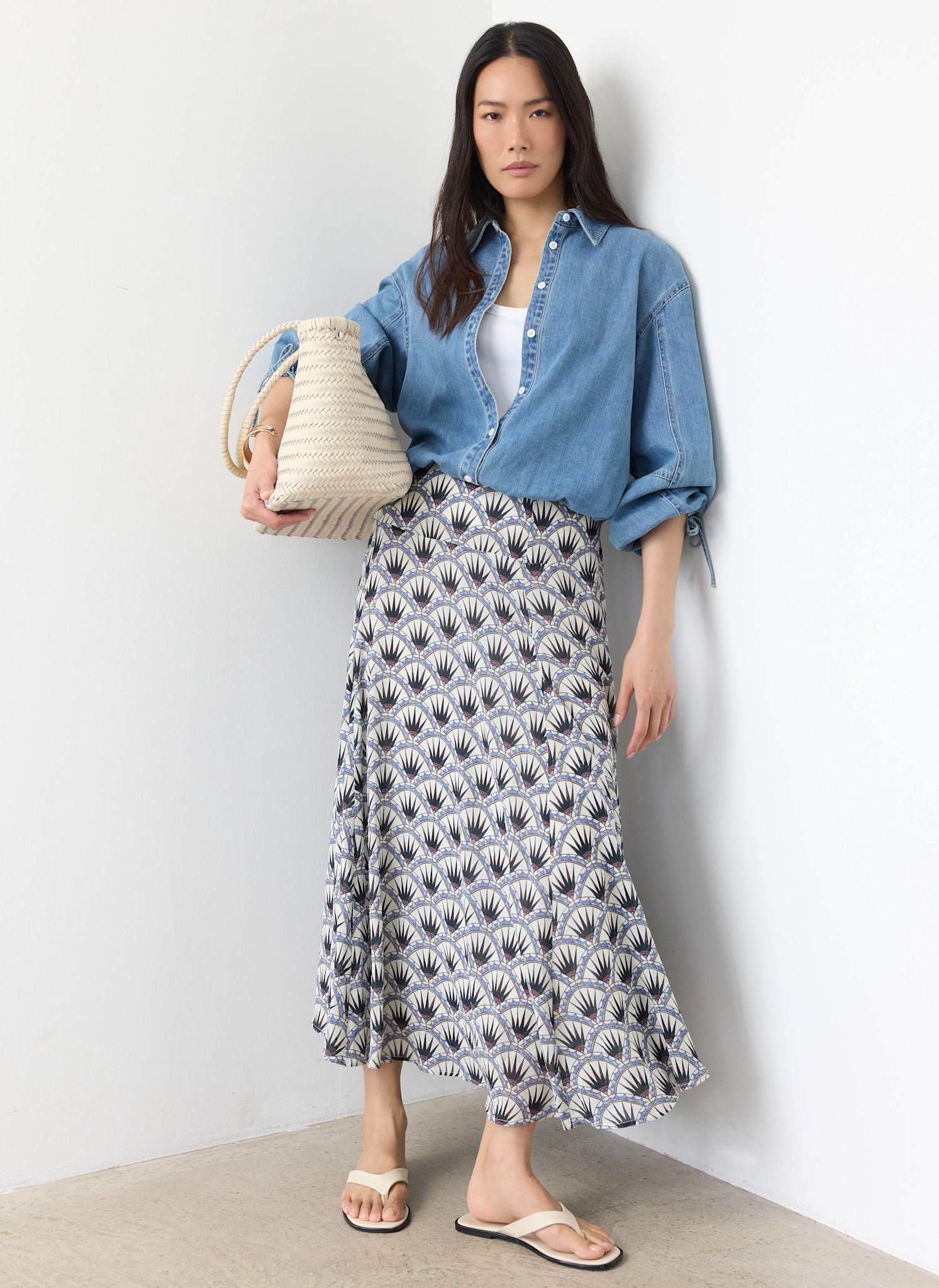 Blue Geo Print Drop Waist Maxi Skirt