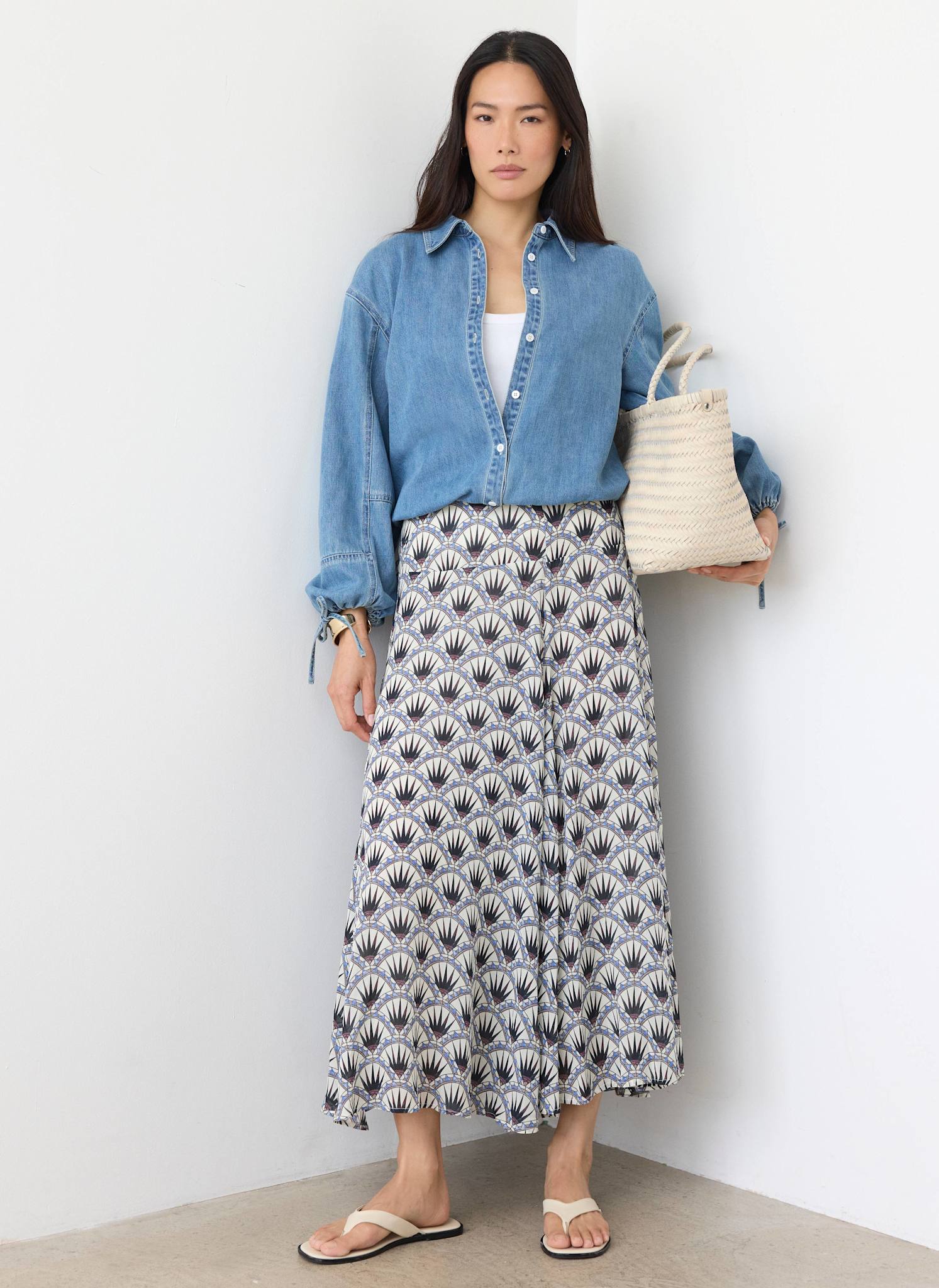 Blue Geo Print Drop Waist Maxi Skirt