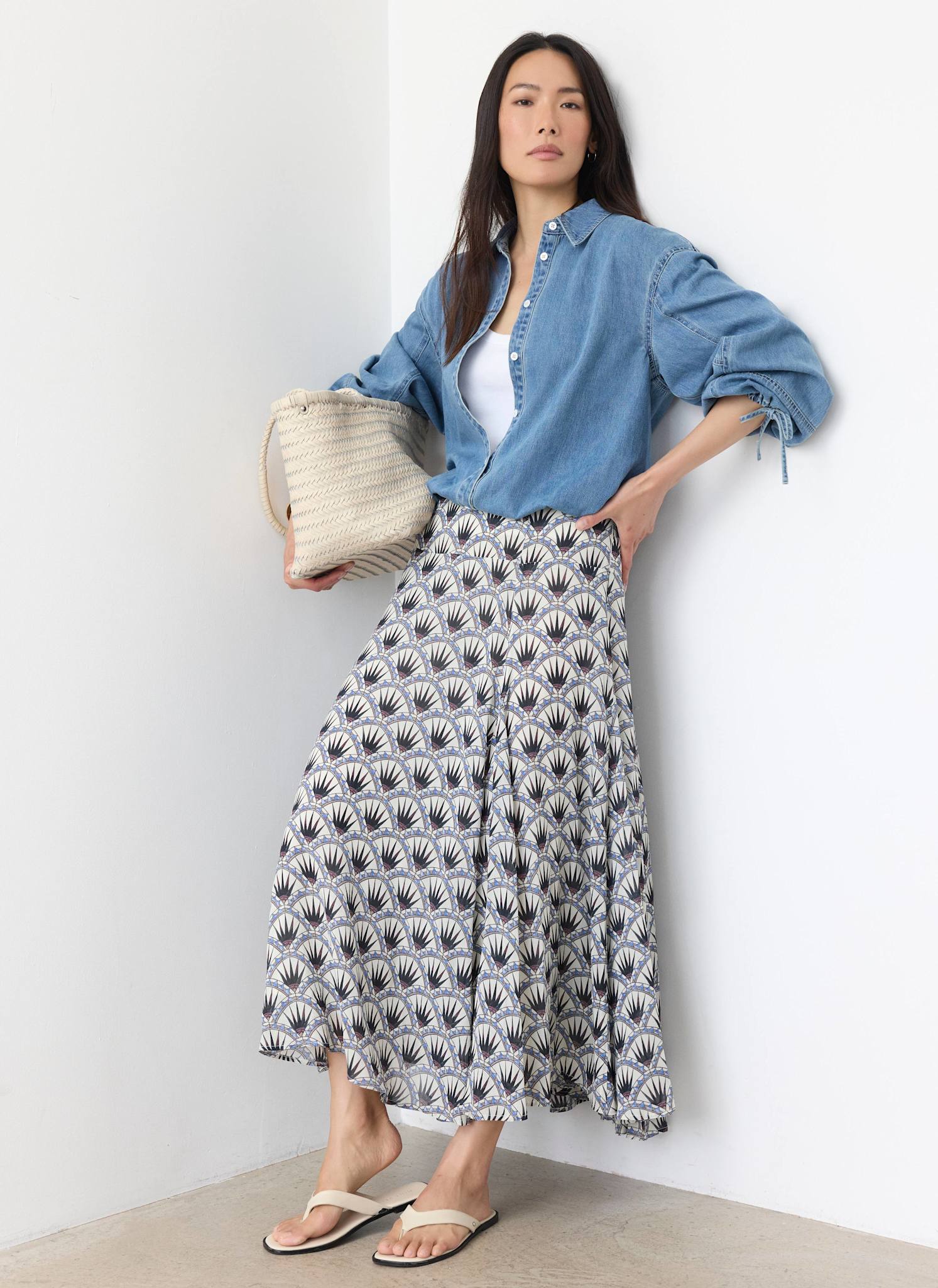 Blue Geo Print Drop Waist Maxi Skirt