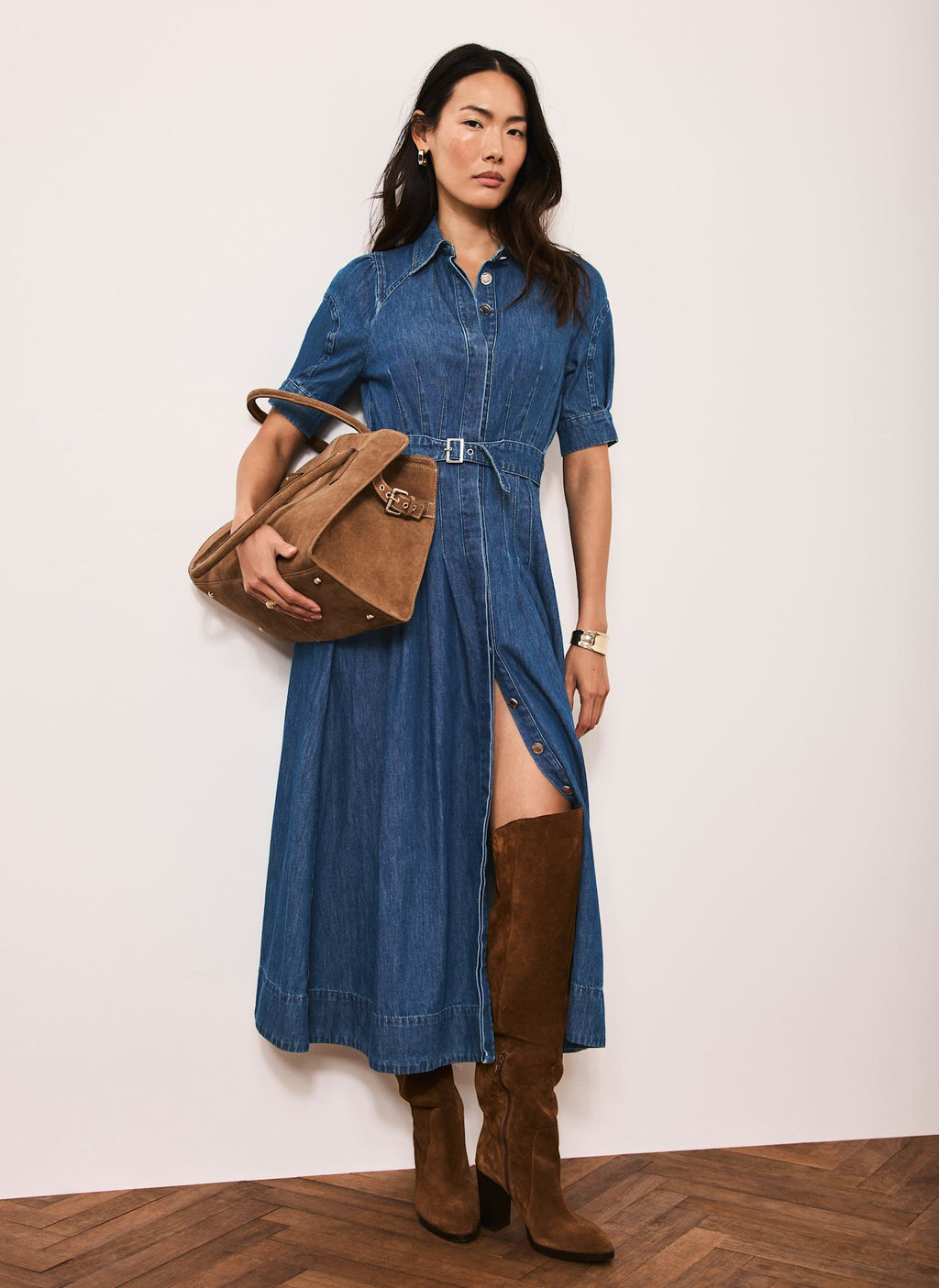Indigo Denim Belted Midi Shirt Dress