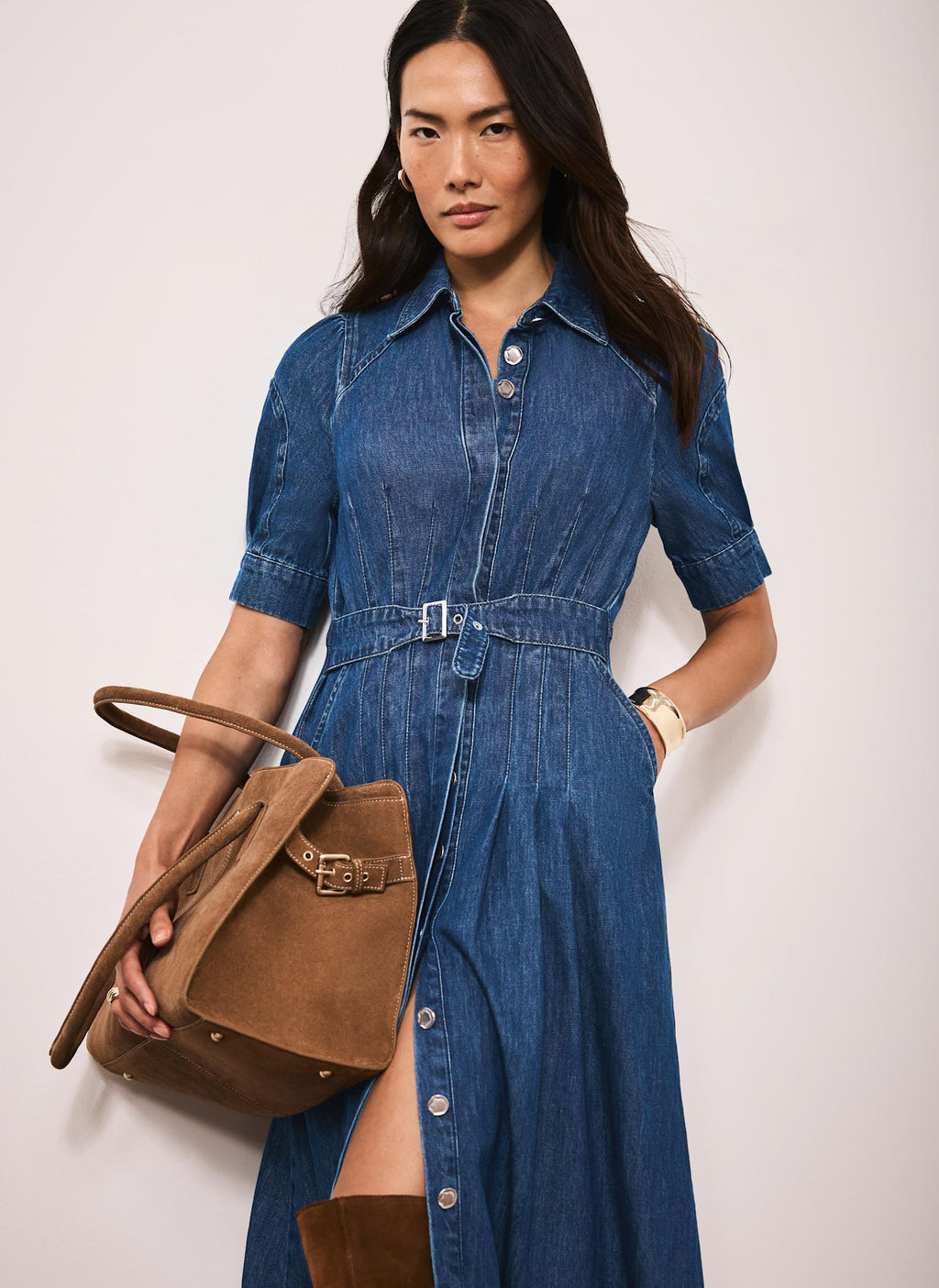Indigo Denim Belted Midi Shirt Dress