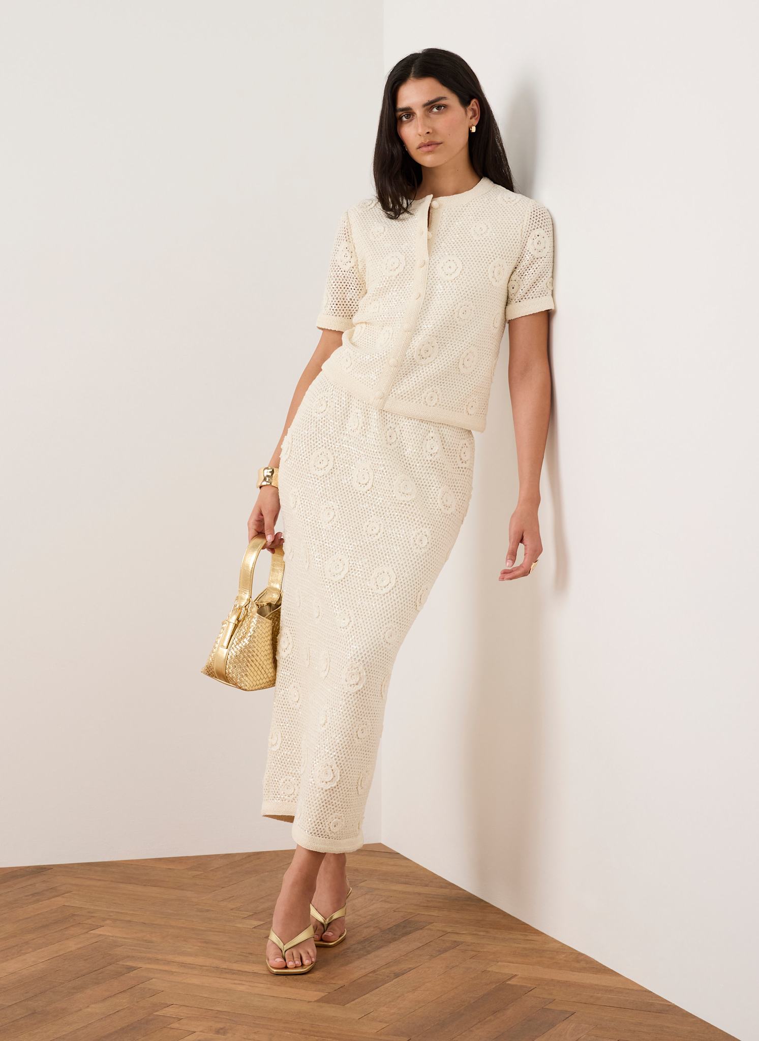 Neutral Sequin Floral Crochet Midi Skirt