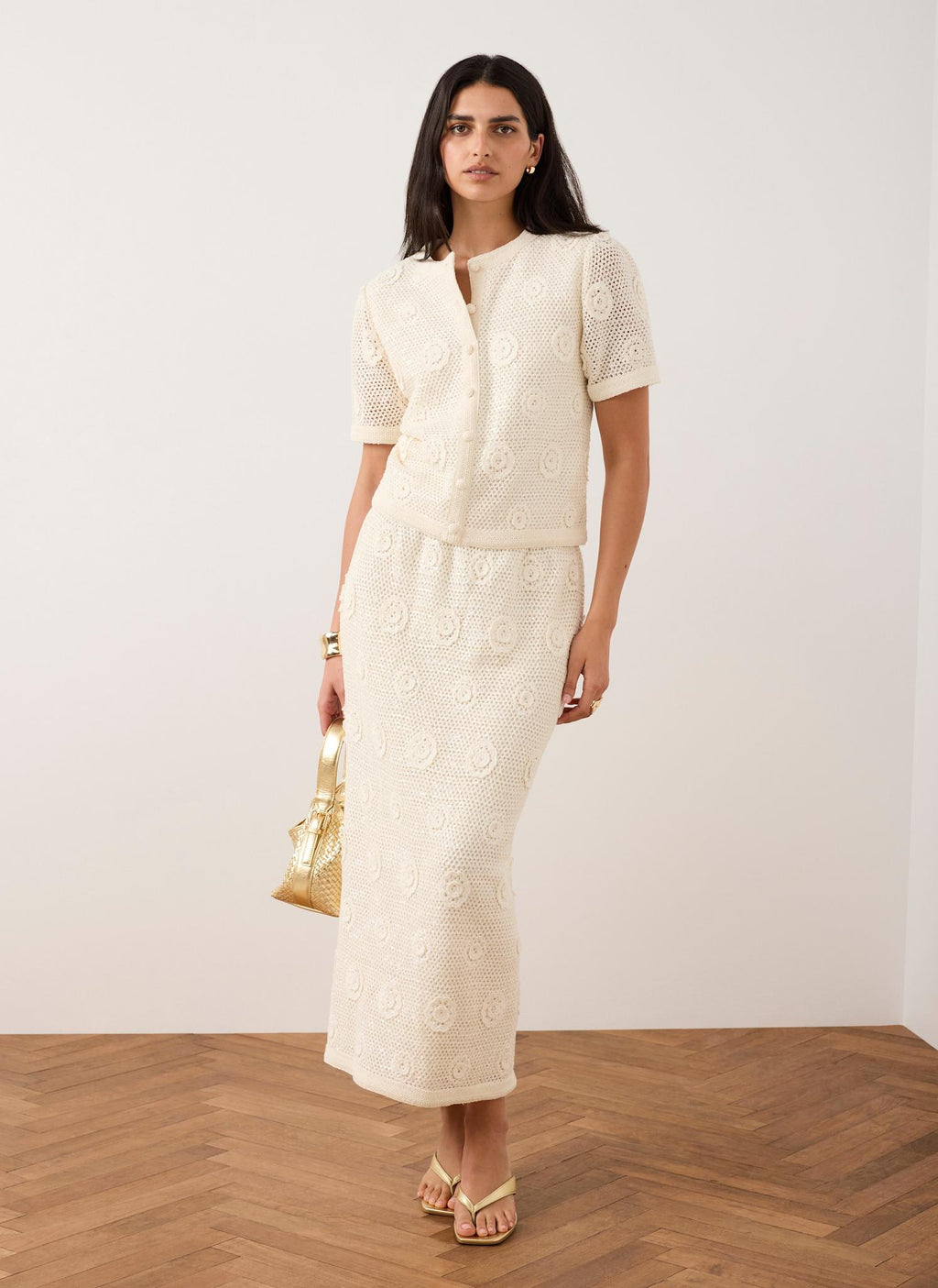 Neutral Sequin Floral Crochet Midi Skirt