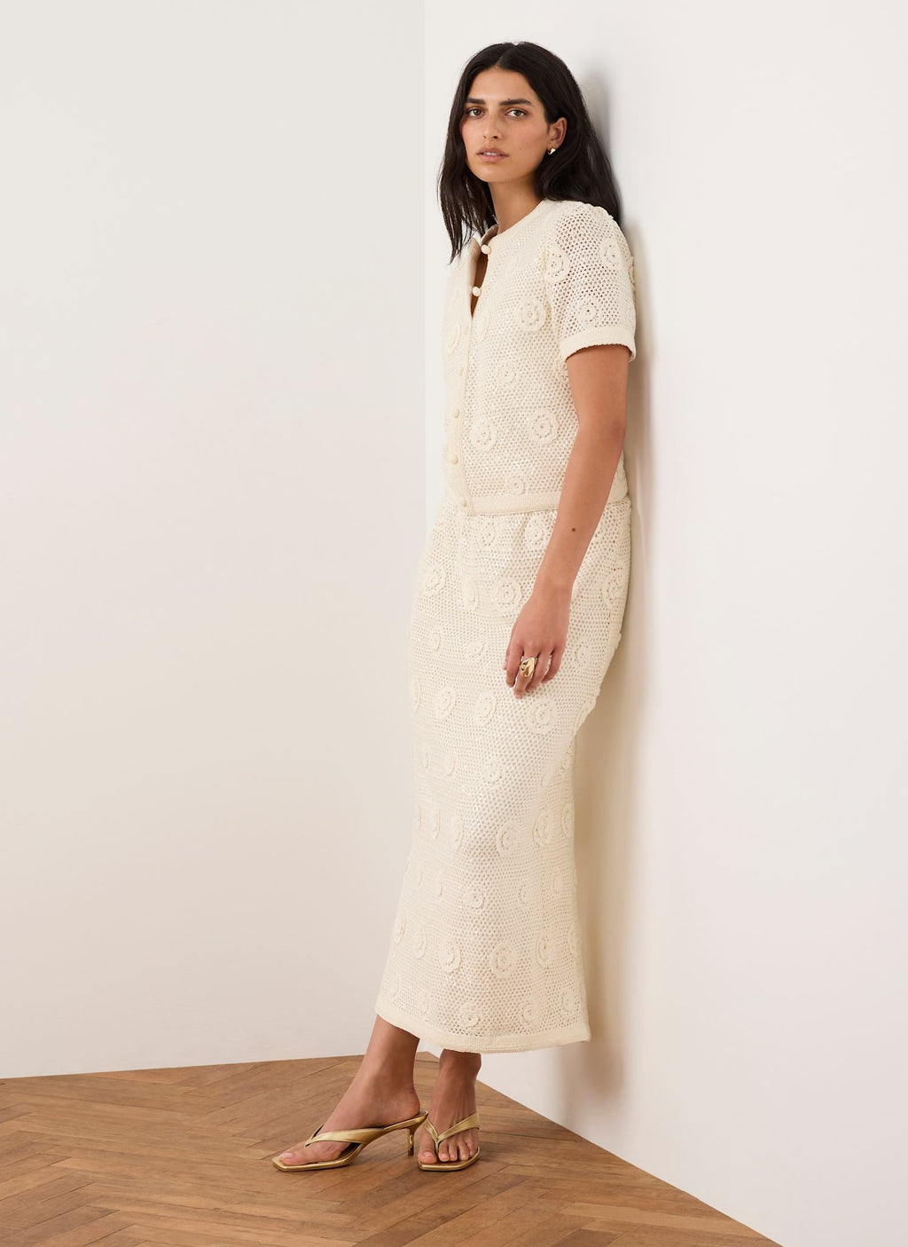 Neutral Sequin Floral Crochet Midi Skirt