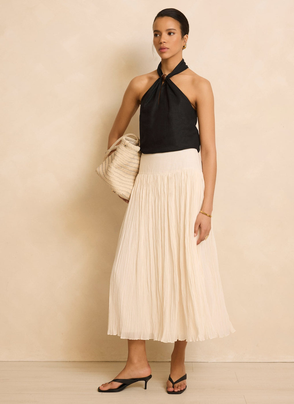 Cream Drop Waist Crinkle Midi Skirt
