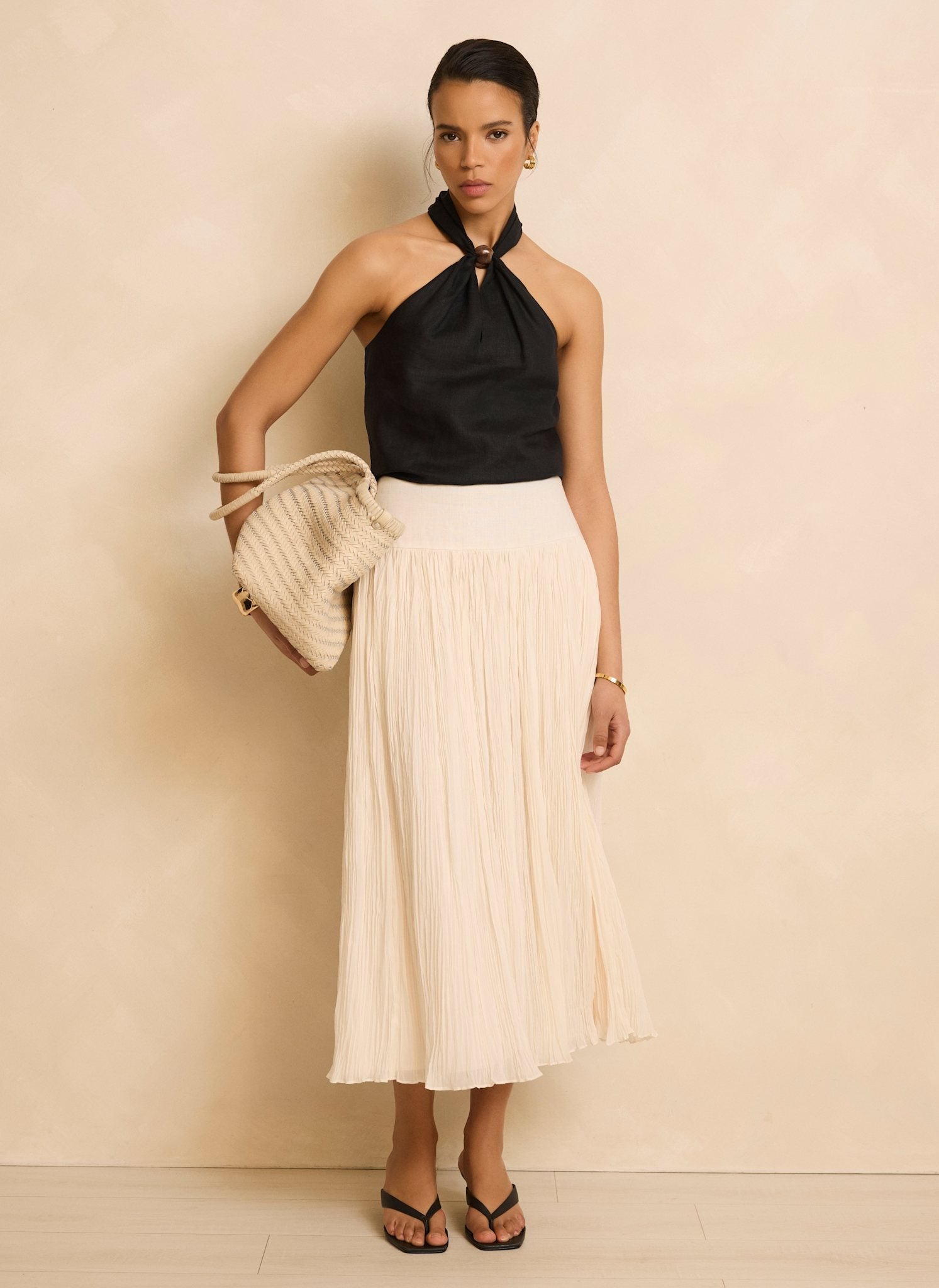Cream Drop Waist Crinkle Midi Skirt