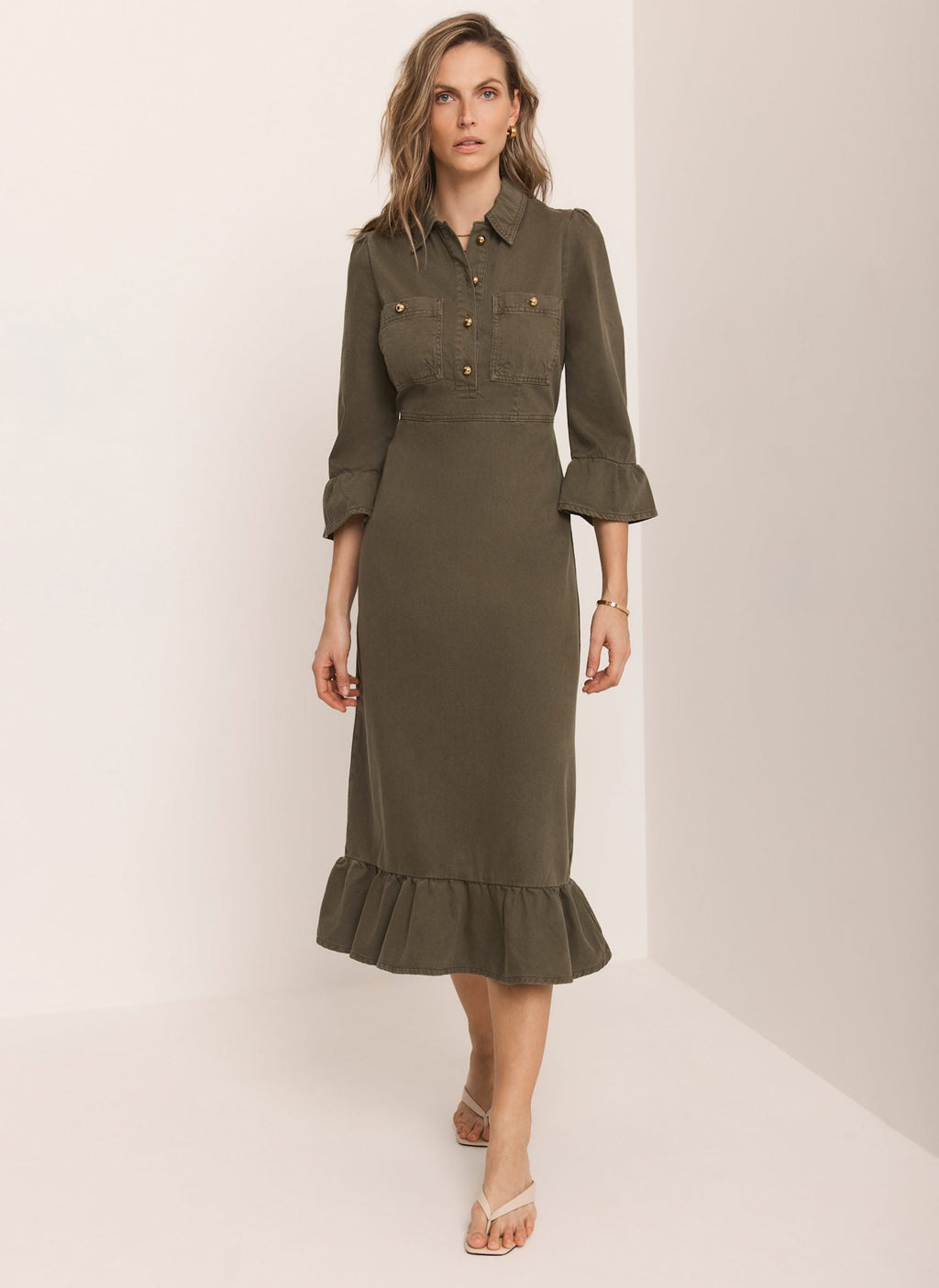 Khaki Denim Midi Shirt Dress