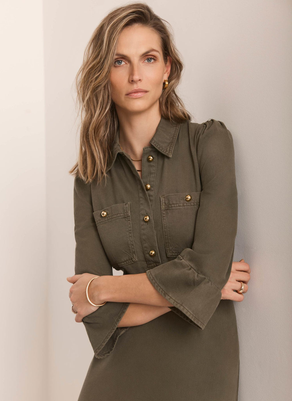 Khaki Denim Midi Shirt Dress