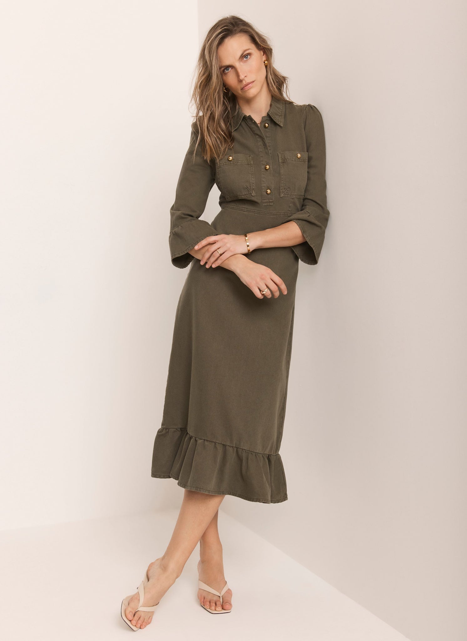 Khaki Denim Midi Shirt Dress