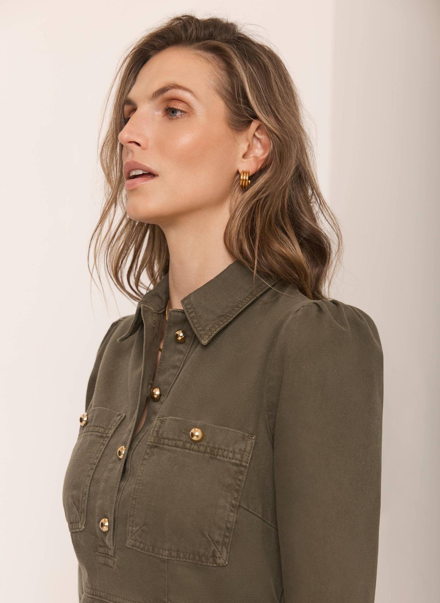 Khaki Denim Midi Shirt Dress