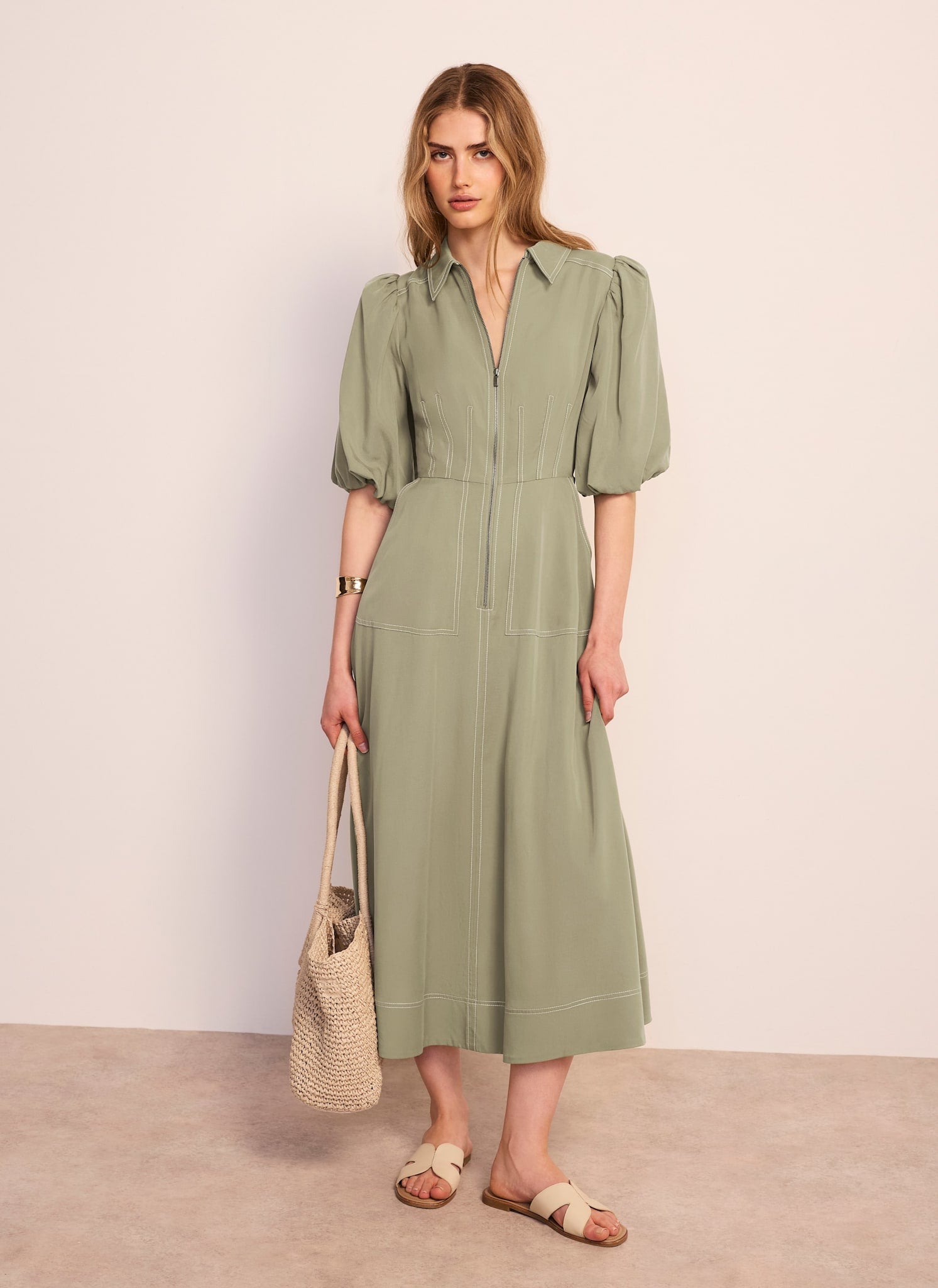 Khaki Utility Zip Midi Shirt Dress