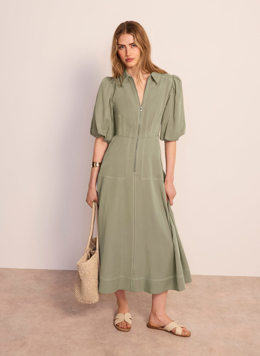Khaki Utility Zip Midi Shirt Dress