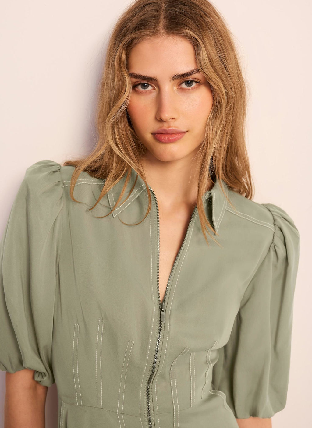 Khaki Utility Zip Midi Shirt Dress