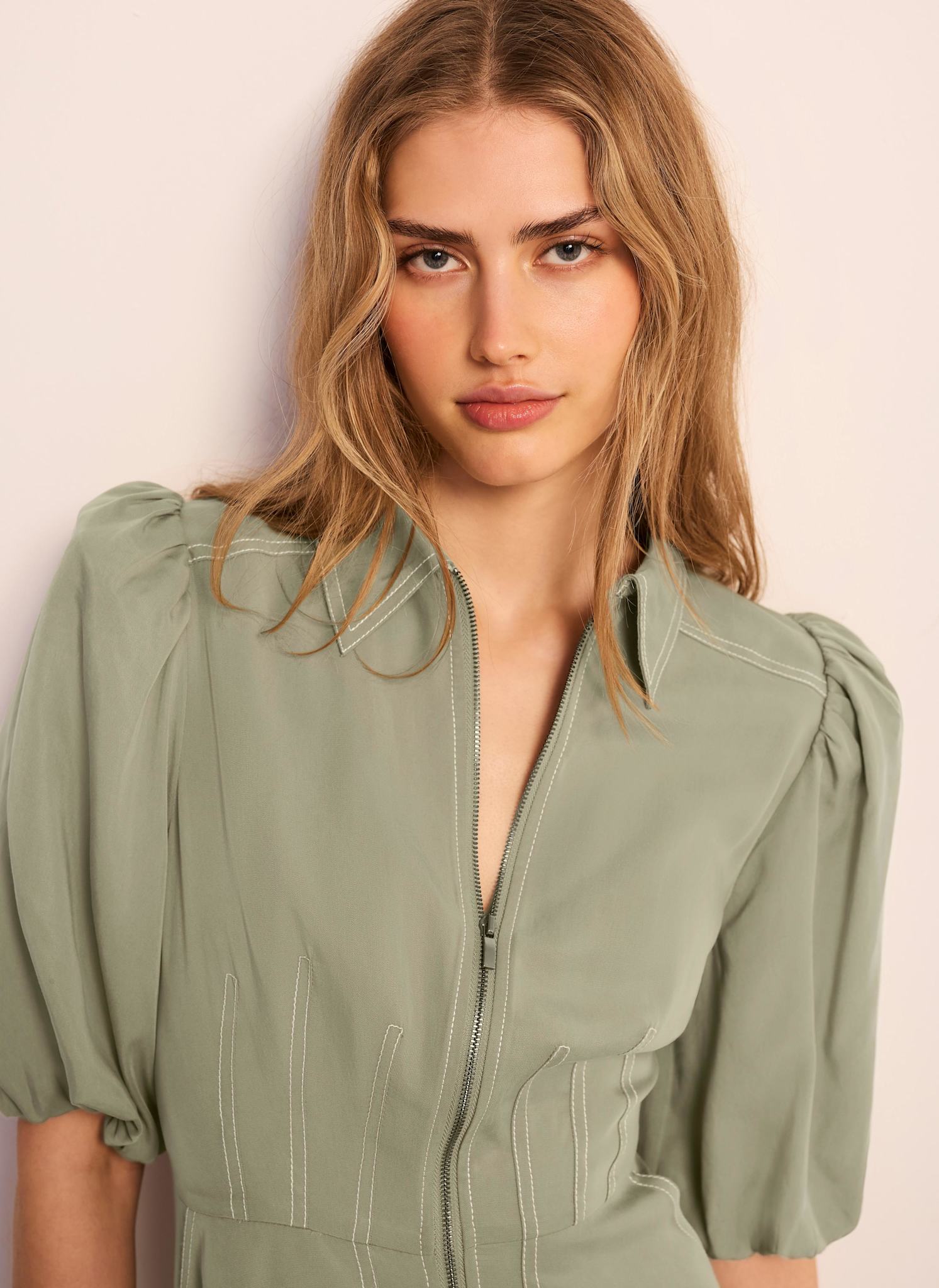 Khaki Utility Zip Midi Shirt Dress