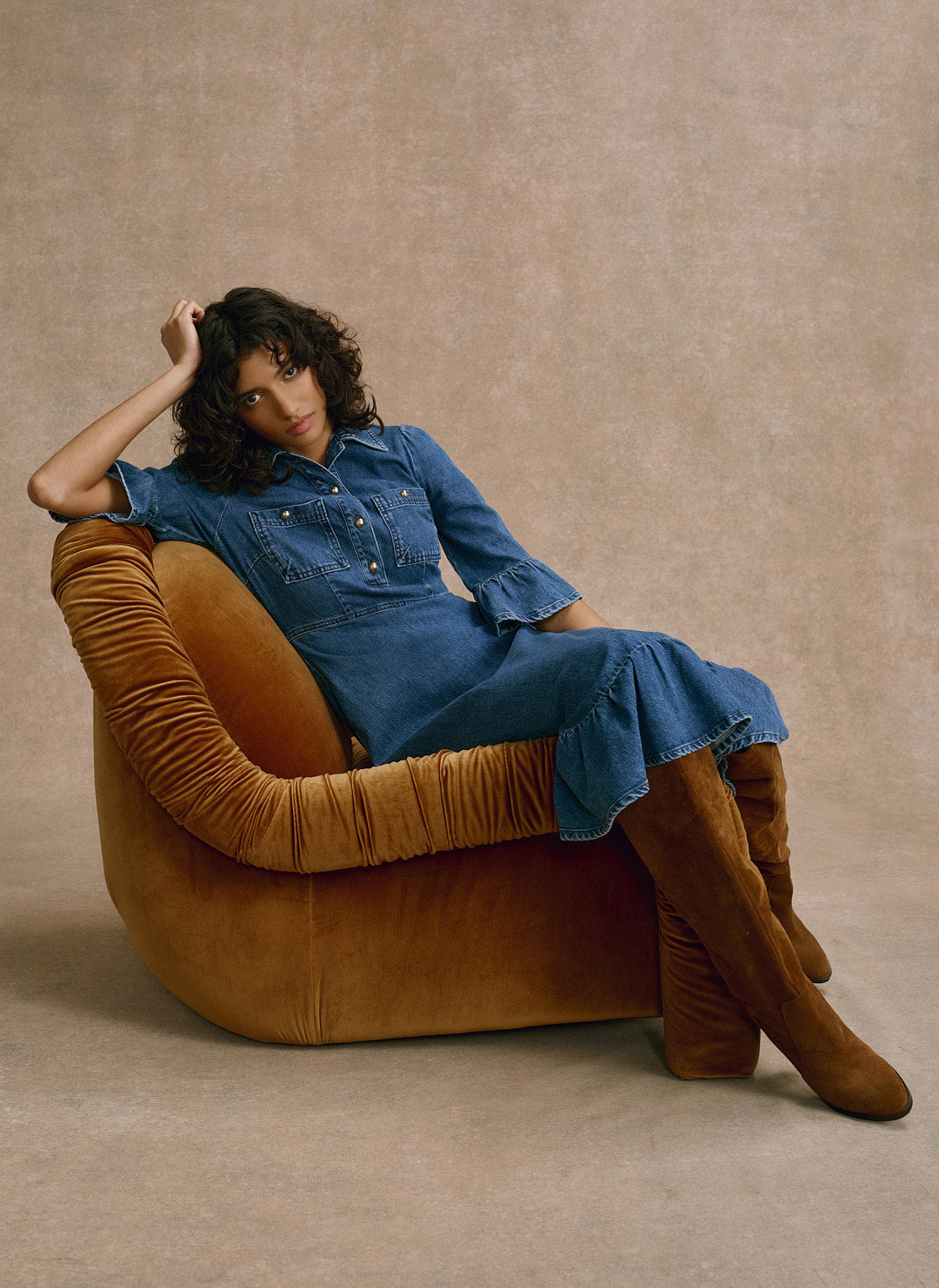 Indigo Denim Ruffle Midi Shirt Dress