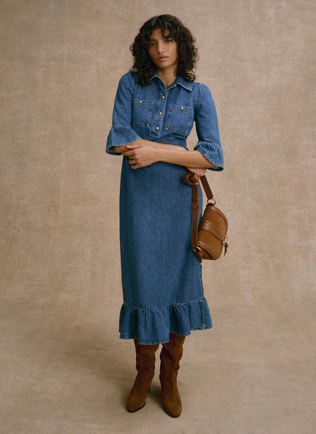 Indigo Denim Ruffle Midi Shirt Dress