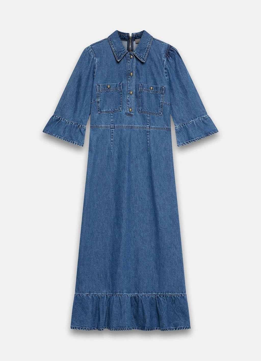 Indigo Denim Ruffle Midi Shirt Dress