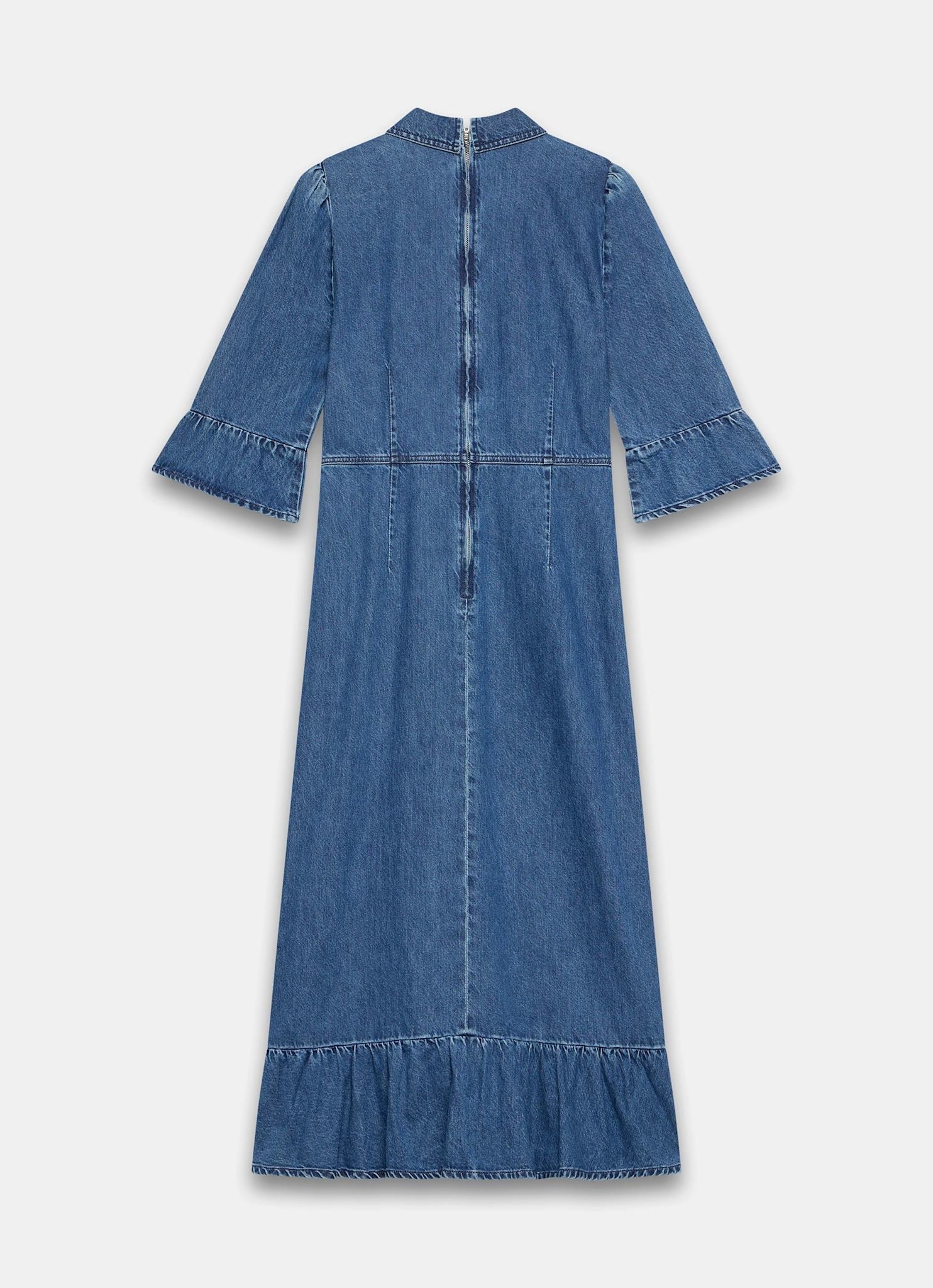 Indigo Denim Ruffle Midi Shirt Dress
