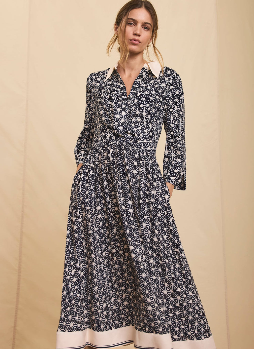 Navy Print Midi Shirt Dress