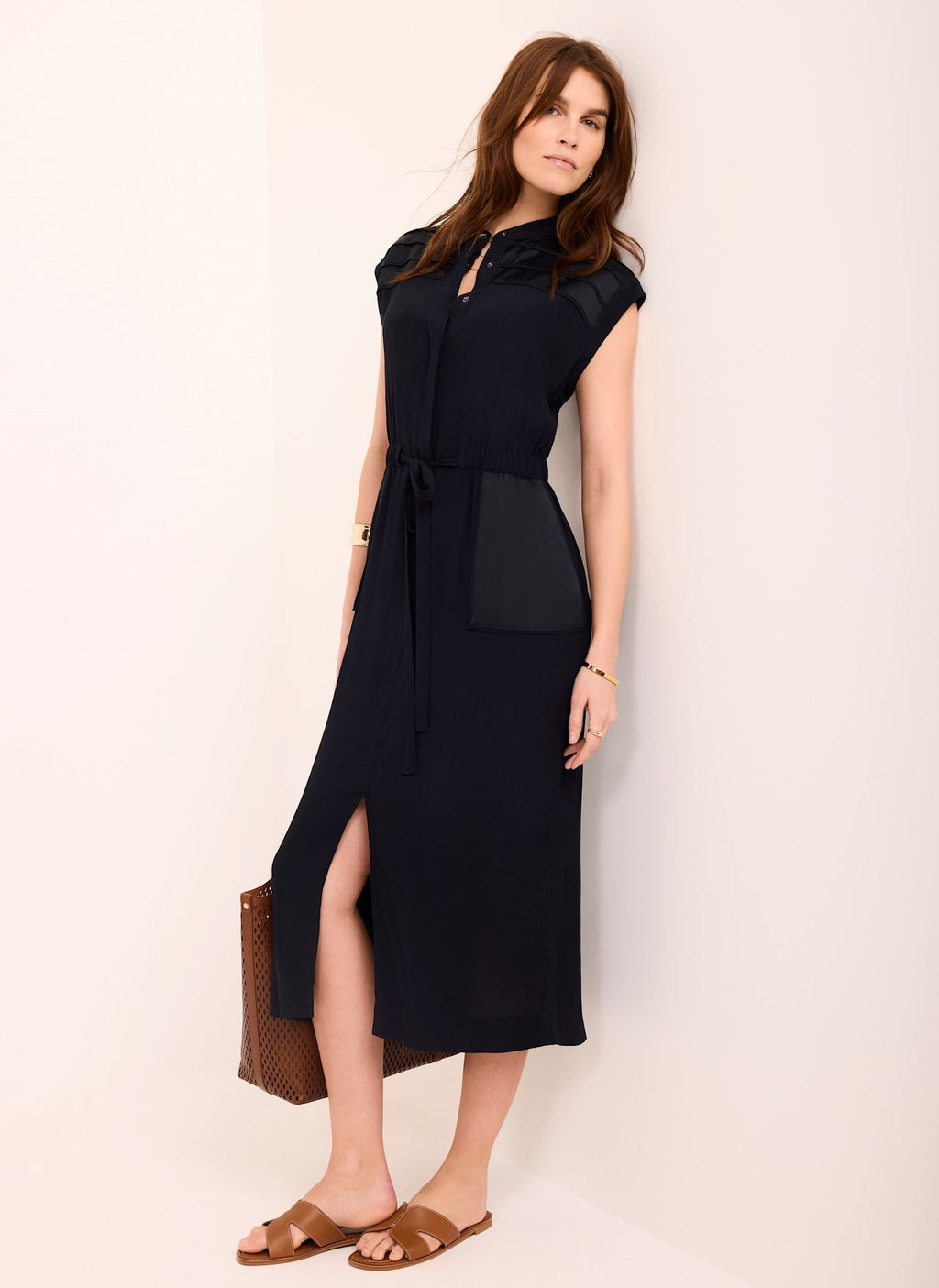 Navy Satin Utility Midi Dress