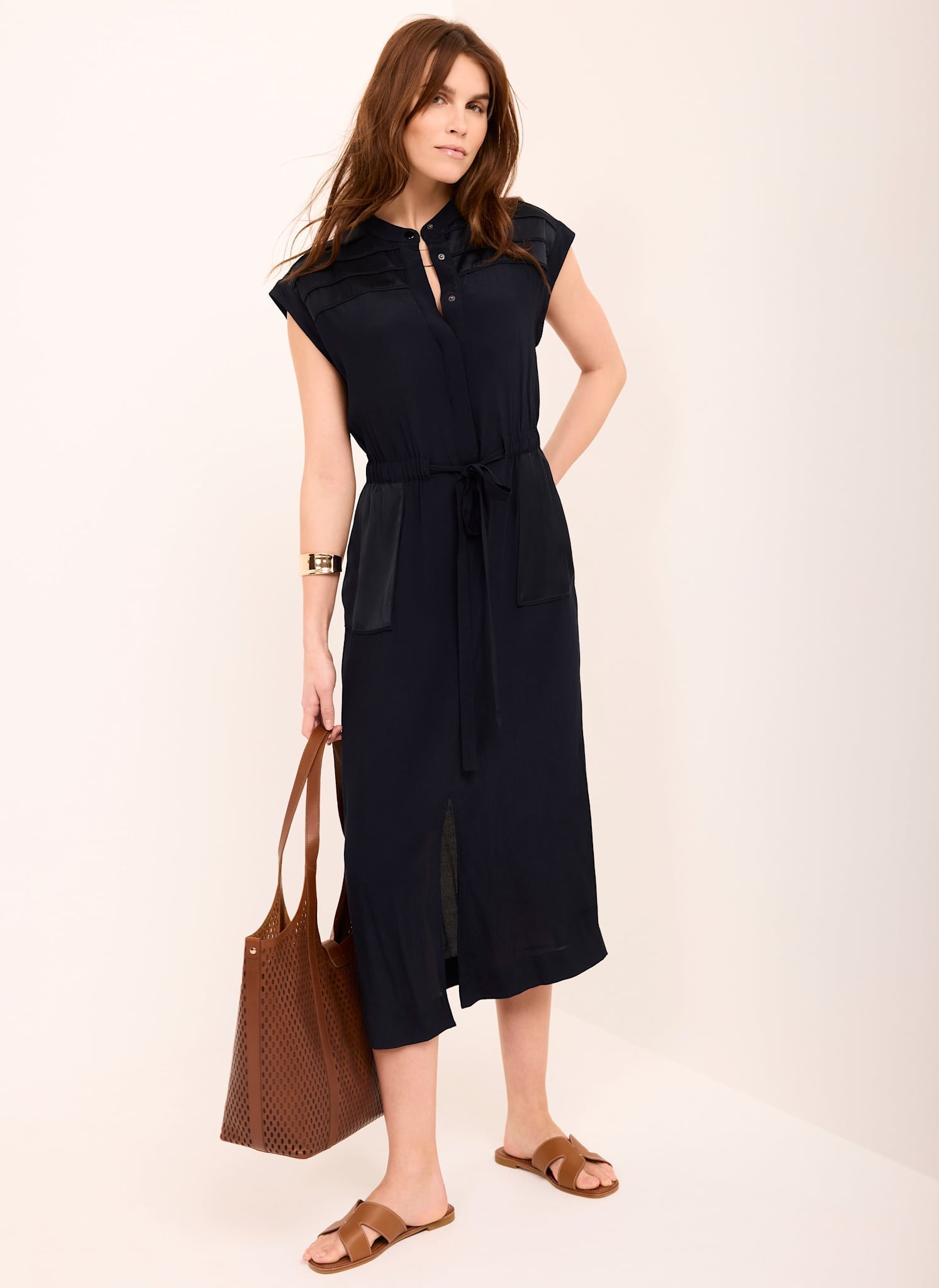 Navy Satin Utility Midi Dress