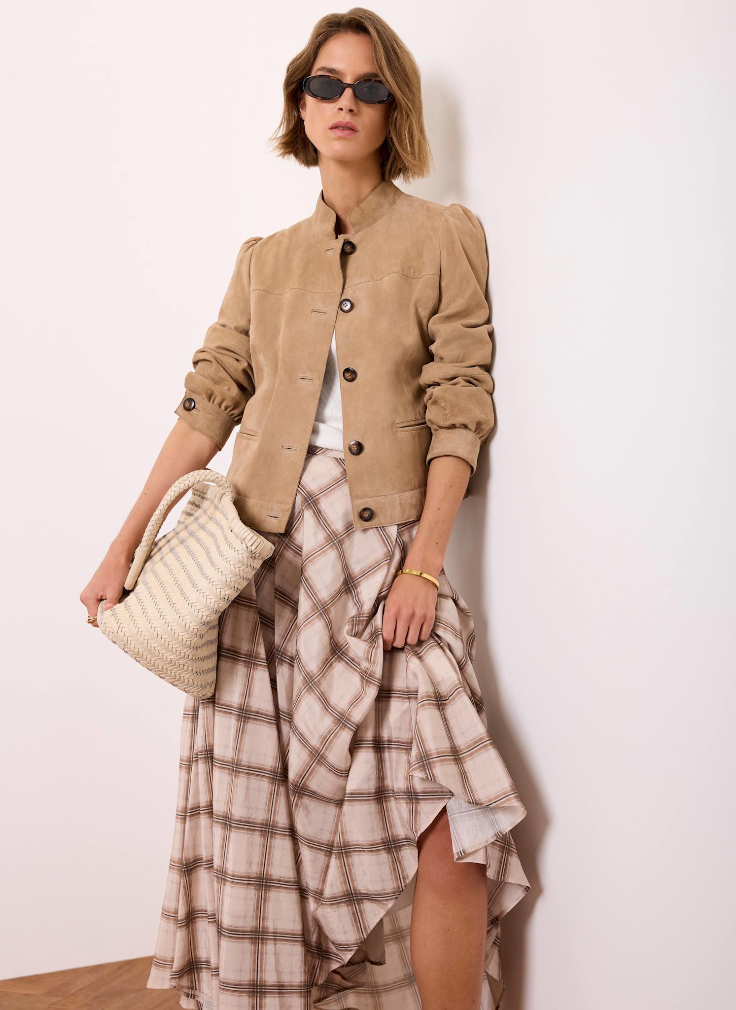 Neutral Checked Print Midi Skirt