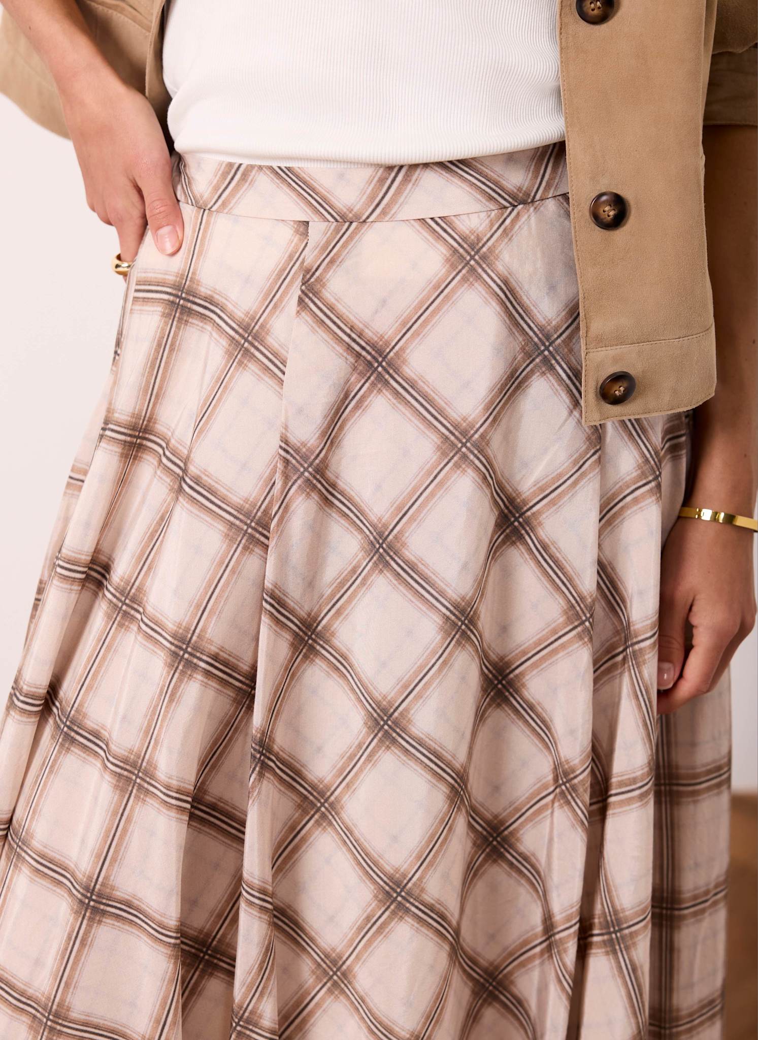 Neutral Checked Print Midi Skirt