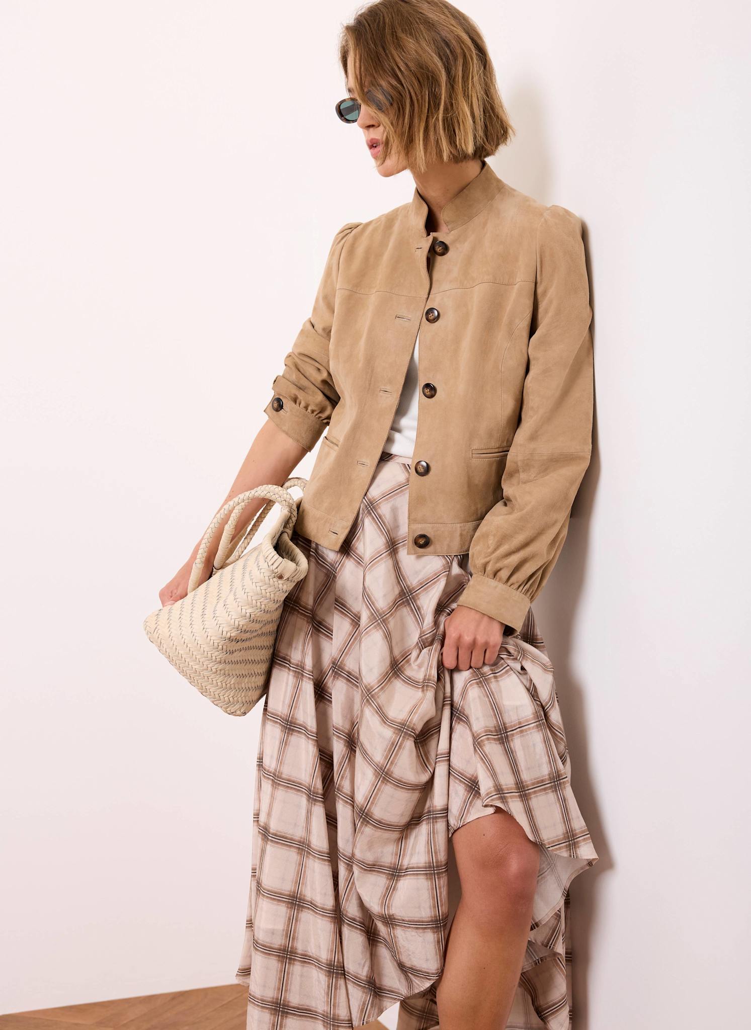Neutral Checked Print Midi Skirt