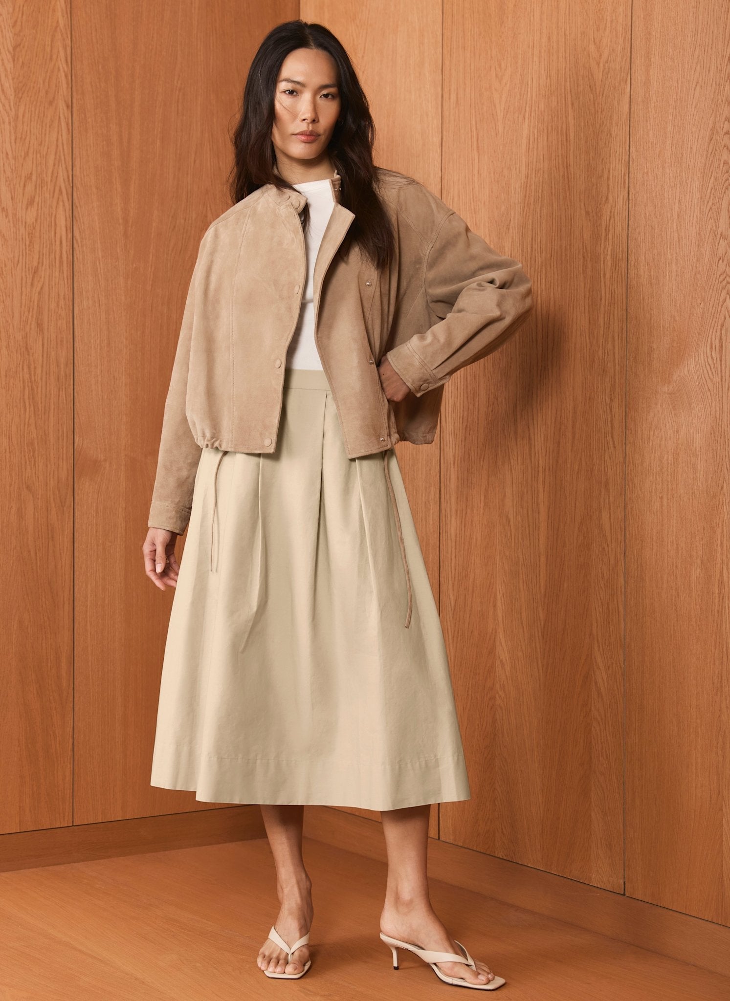 Neutral Cotton A Line Midi Skirt