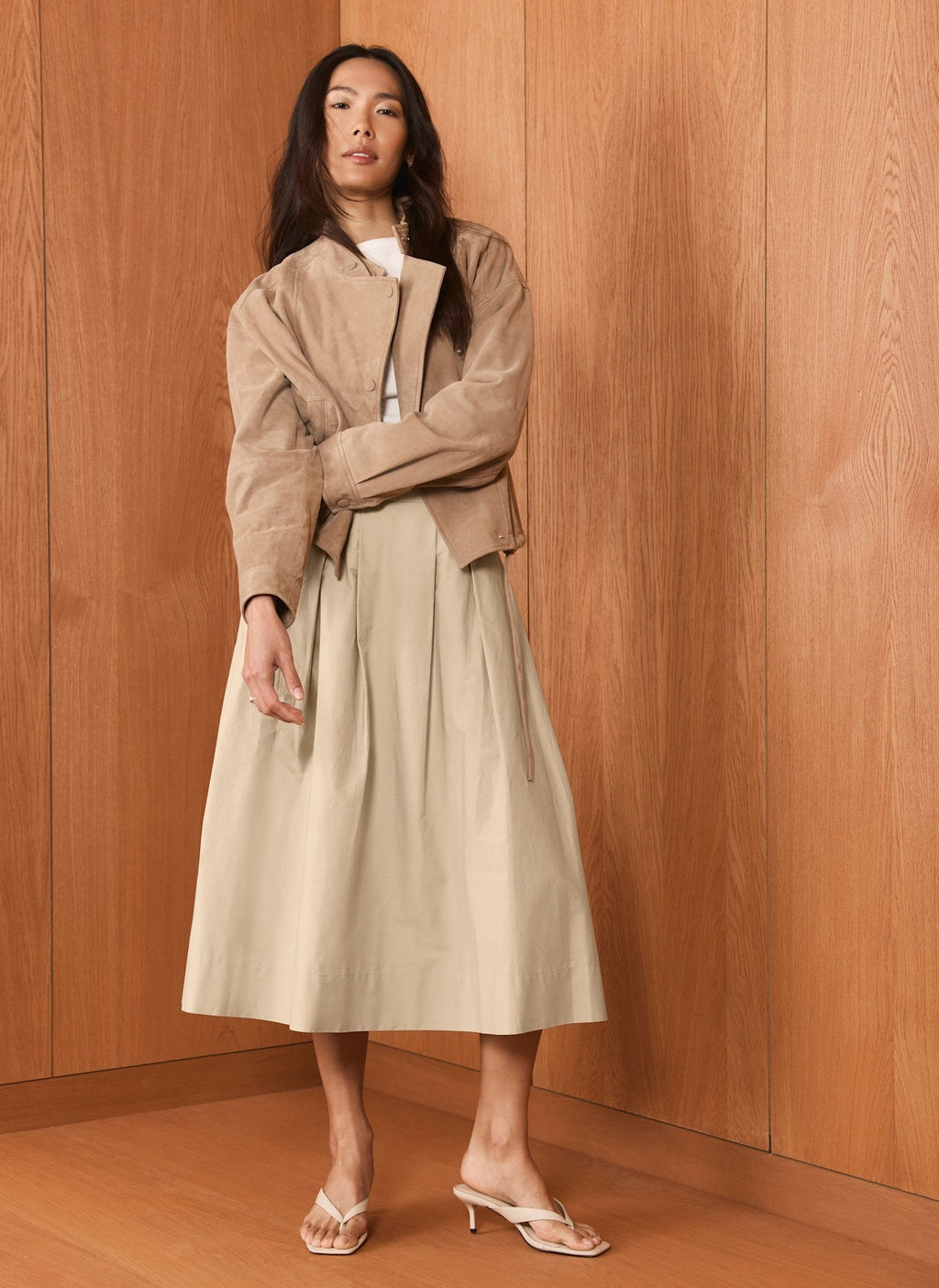 Neutral Cotton A Line Midi Skirt