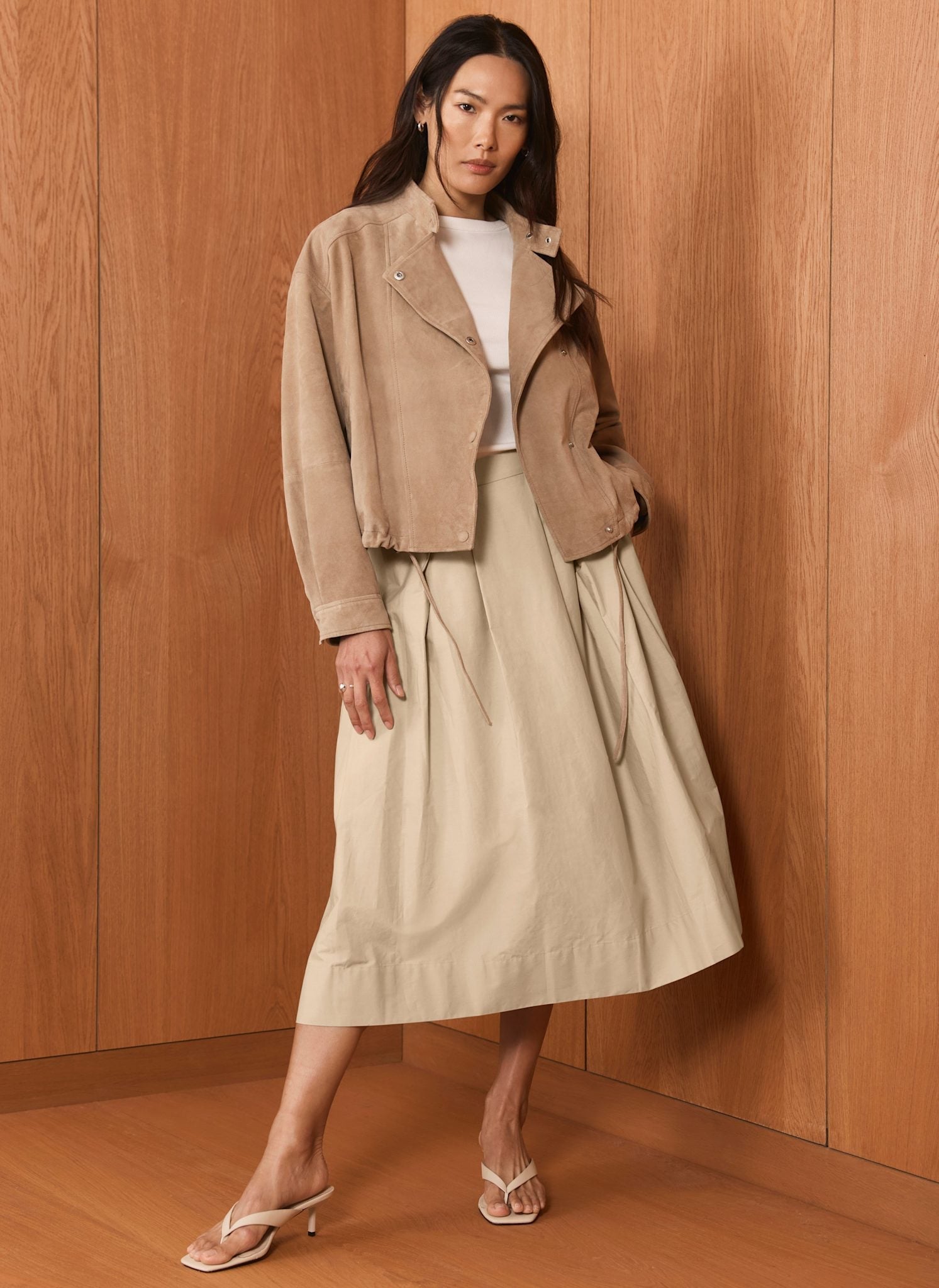 Neutral Cotton A Line Midi Skirt