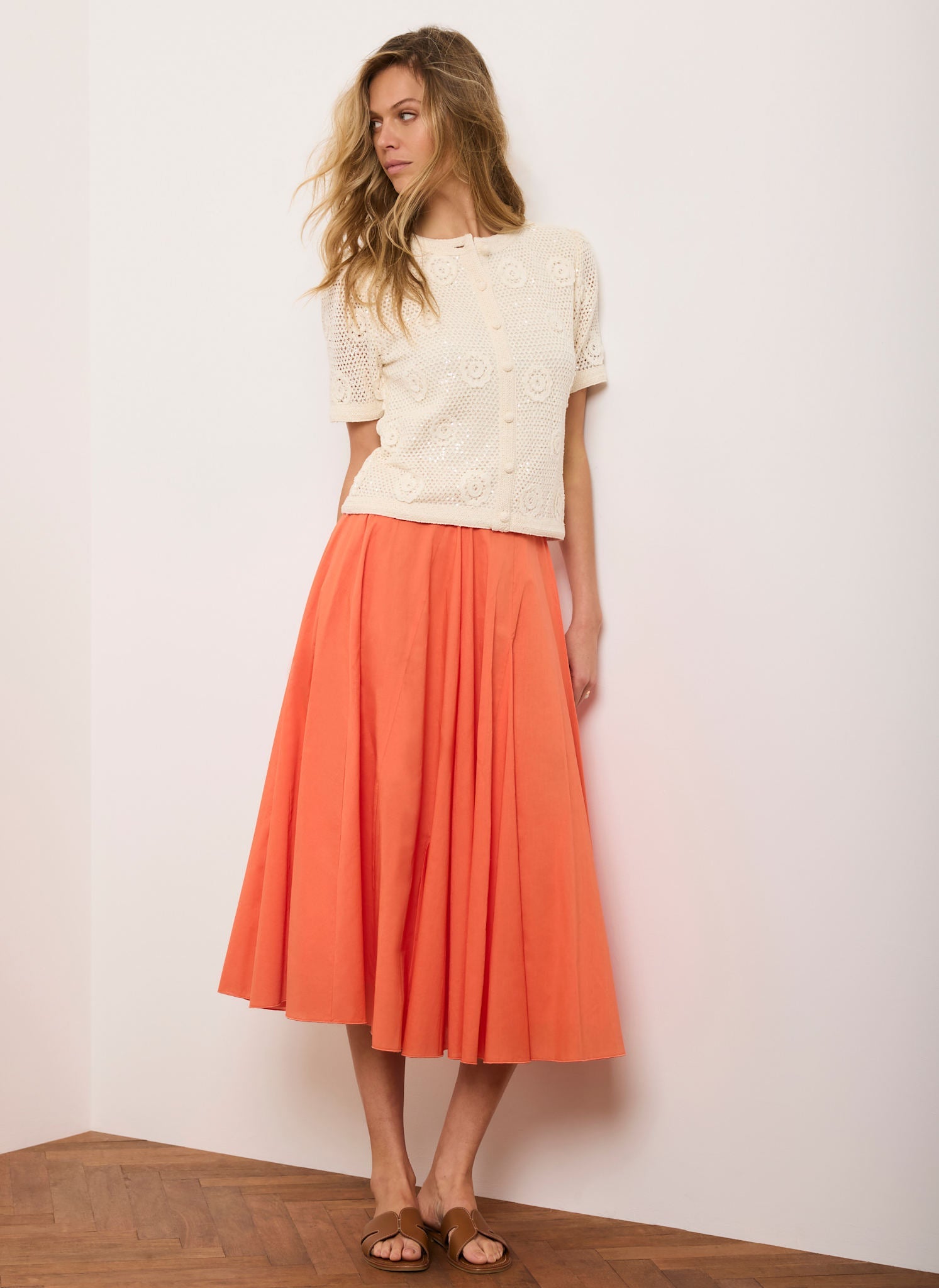 Orange Cotton Full Midi Skirt