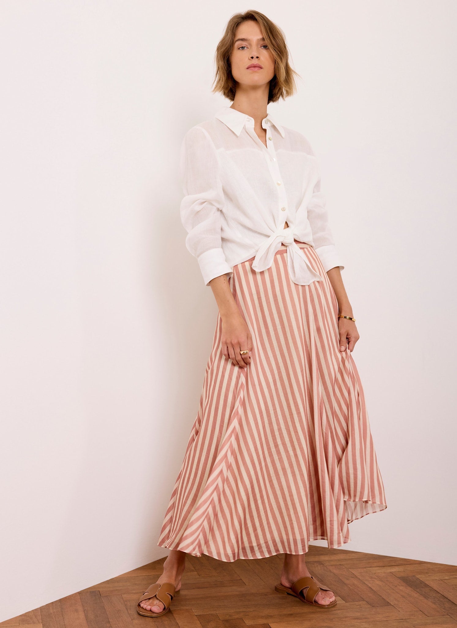 Orange Striped A Line Midi Skirt