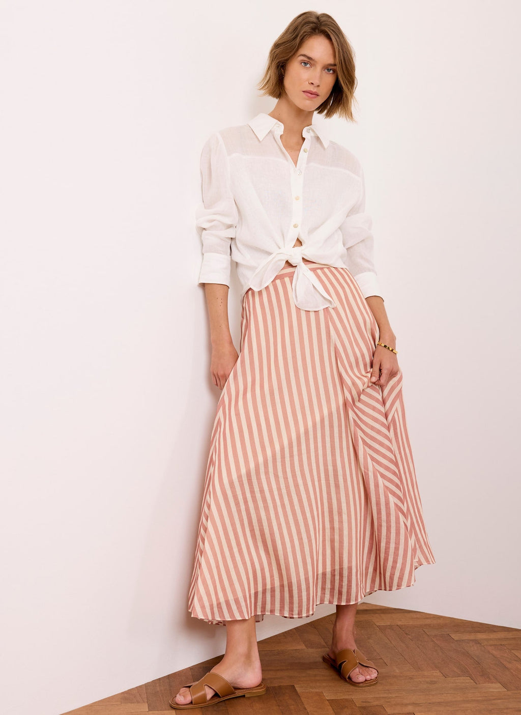 Orange Striped A Line Midi Skirt