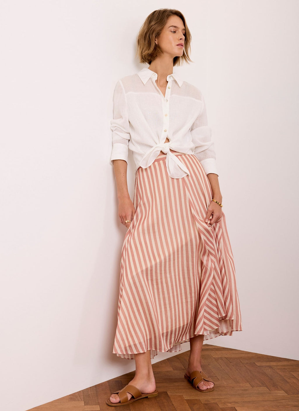 Orange Striped A Line Midi Skirt