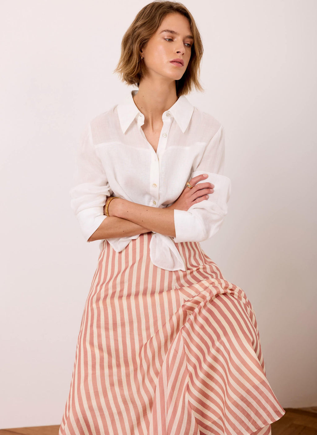 Orange Striped A Line Midi Skirt