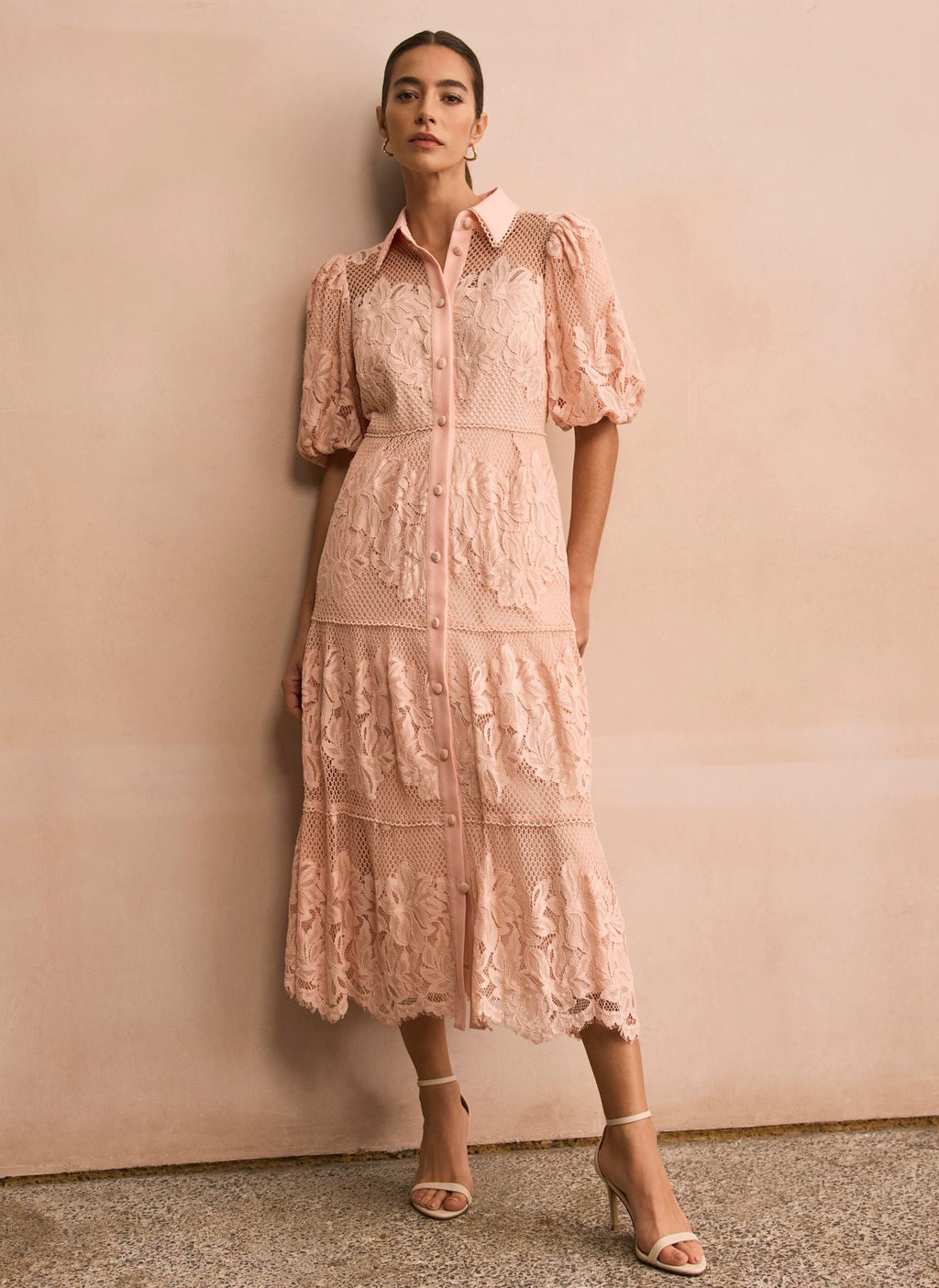 Pale Pink Lace Midi Shirt Dress