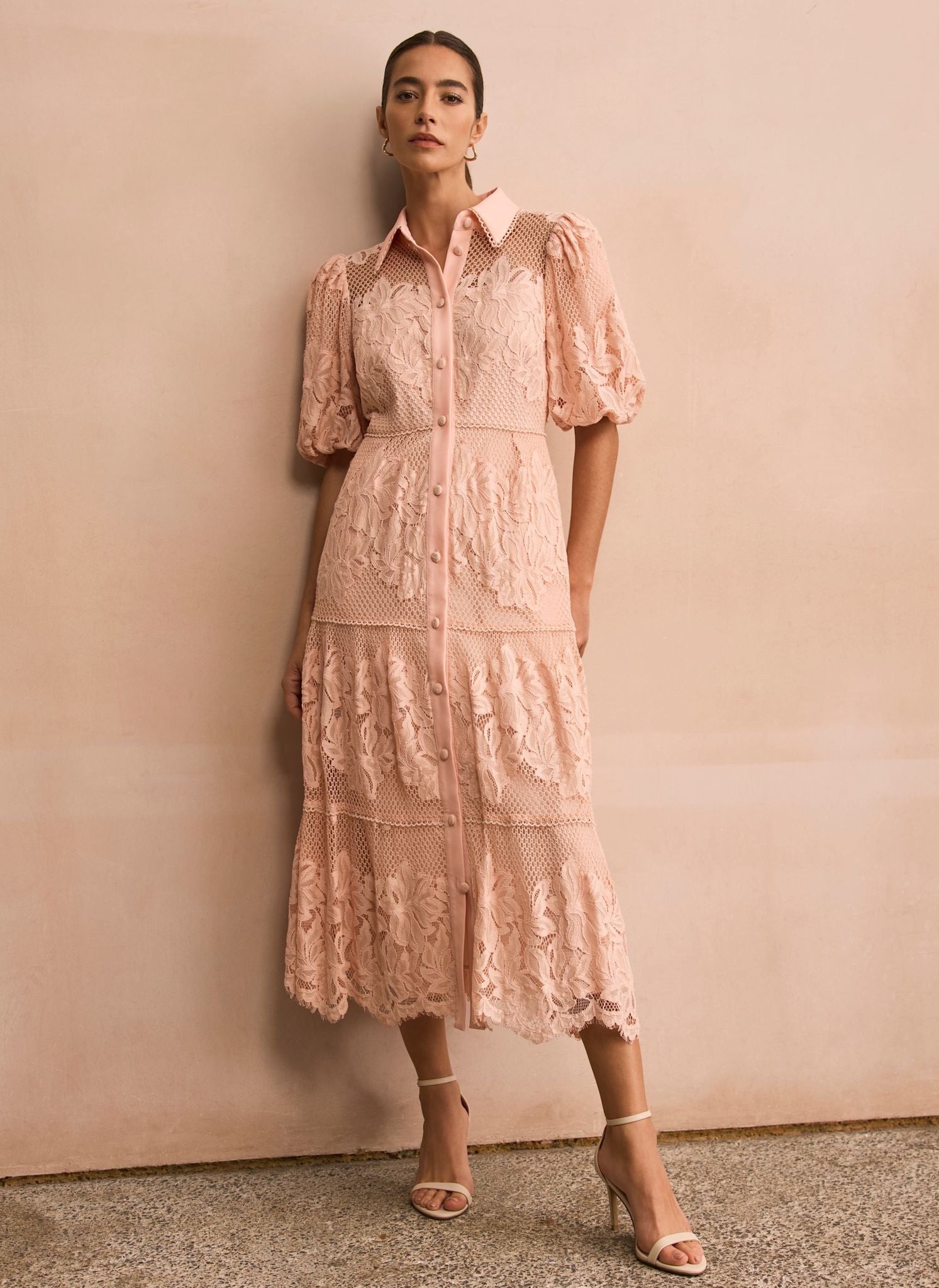 Pale Pink Lace Midi Shirt Dress