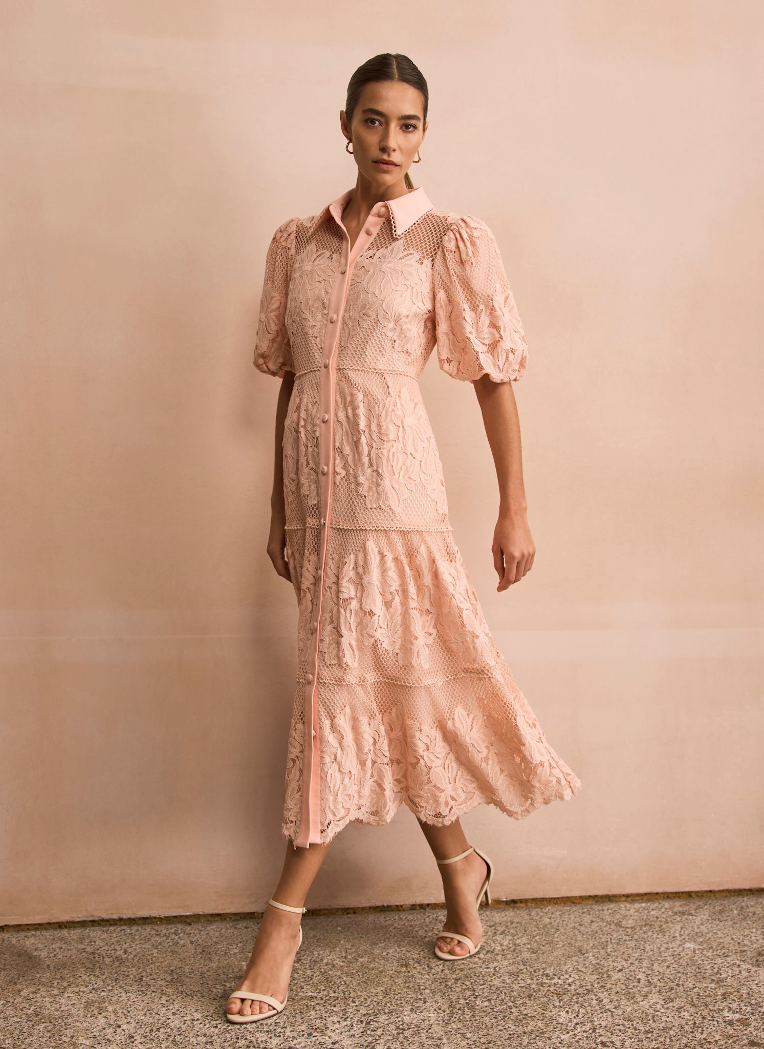 Pale Pink Lace Midi Shirt Dress