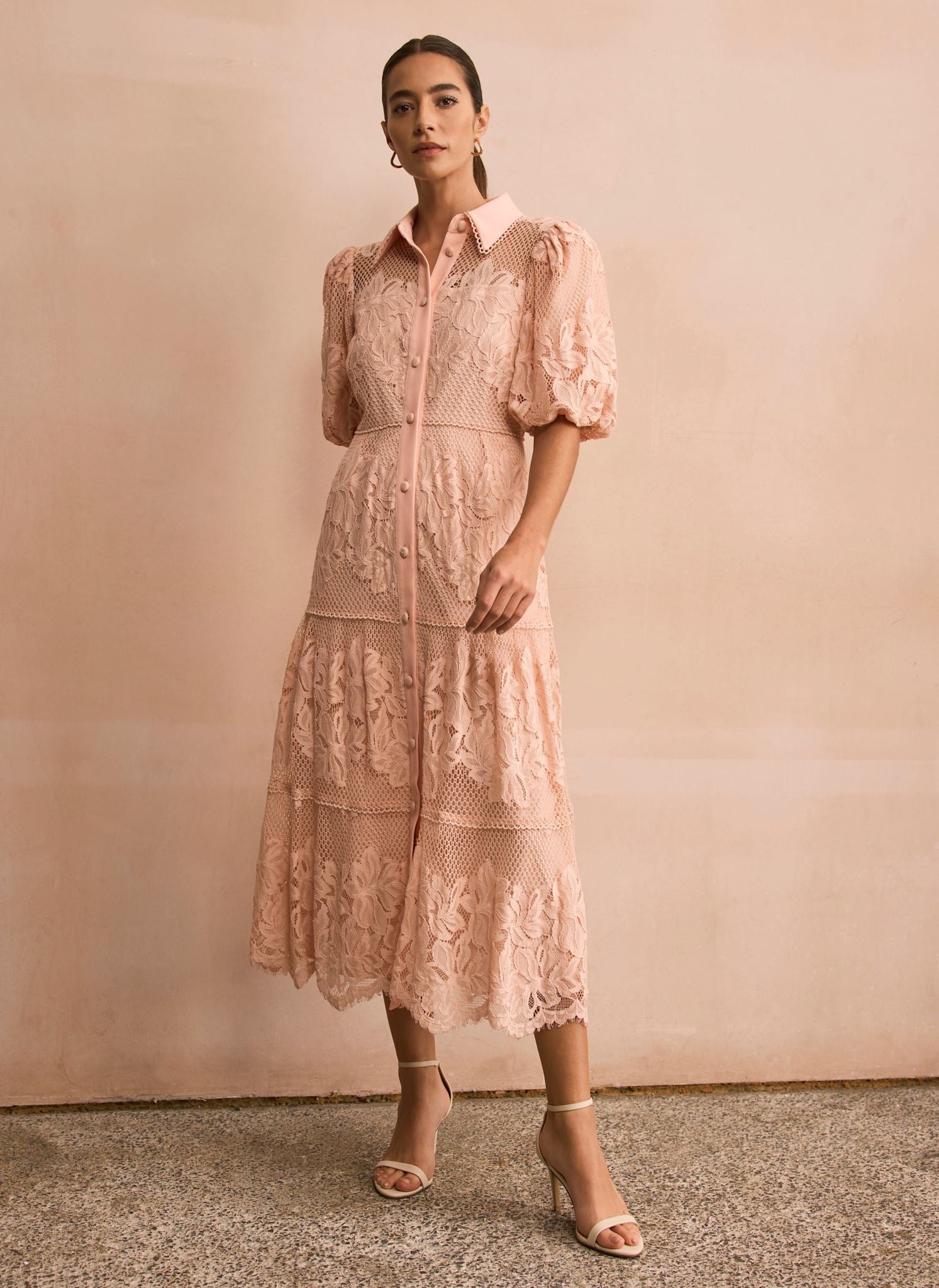Pale Pink Lace Midi Shirt Dress
