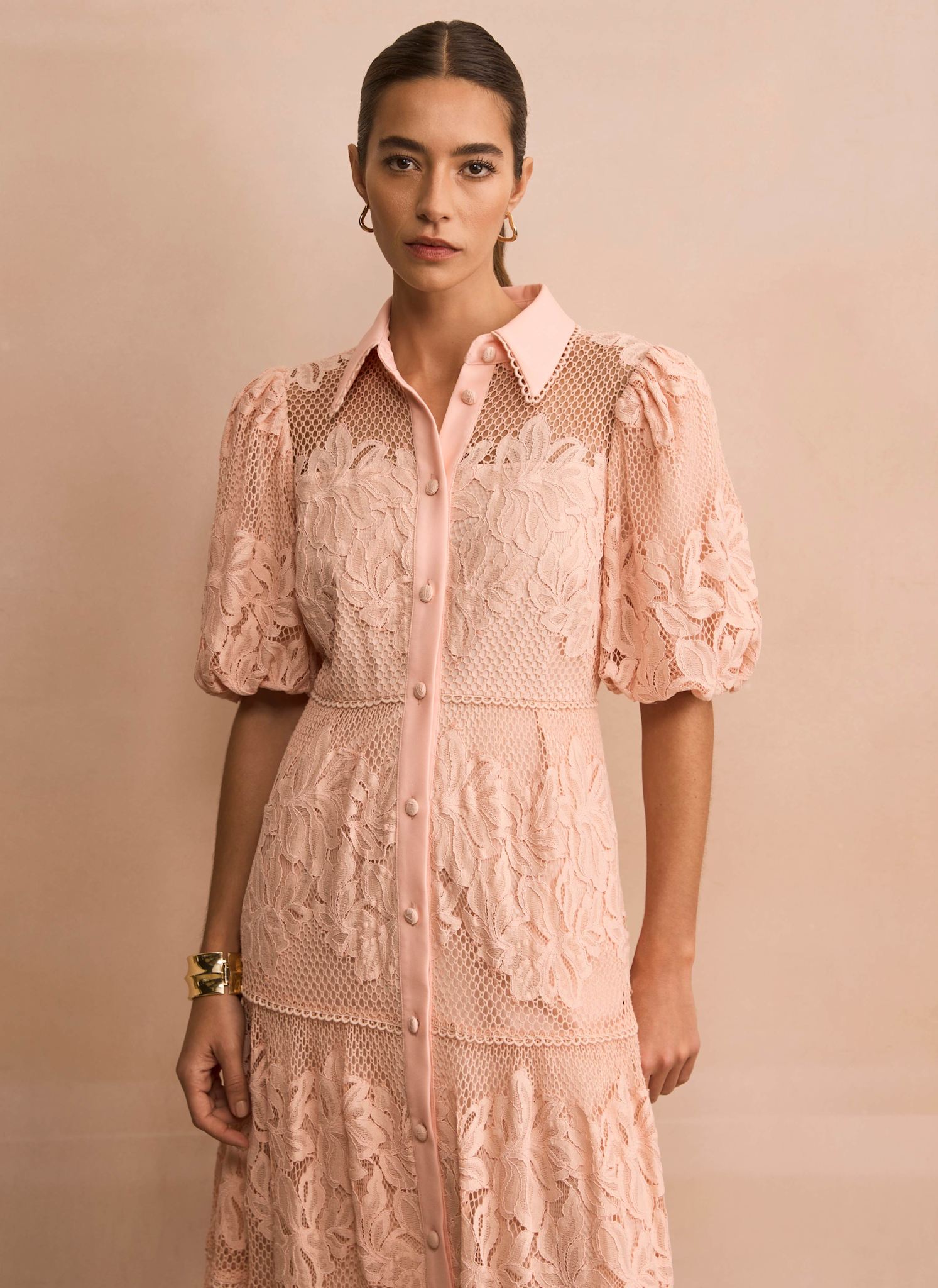 Pale Pink Lace Midi Shirt Dress