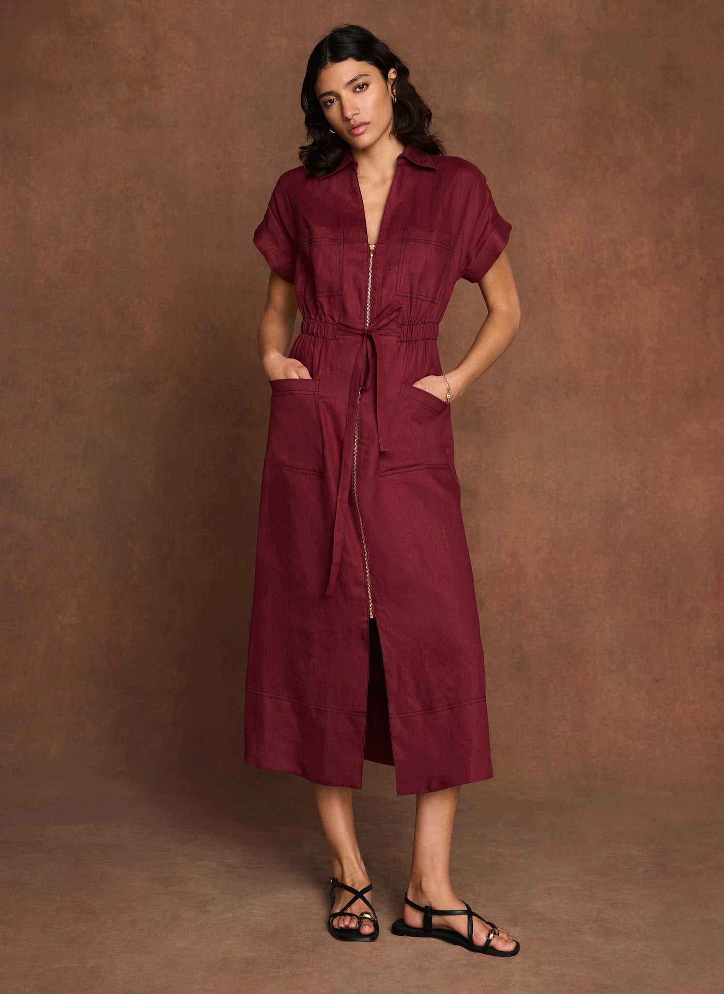 Burgundy Linen Midi Shirt Dress
